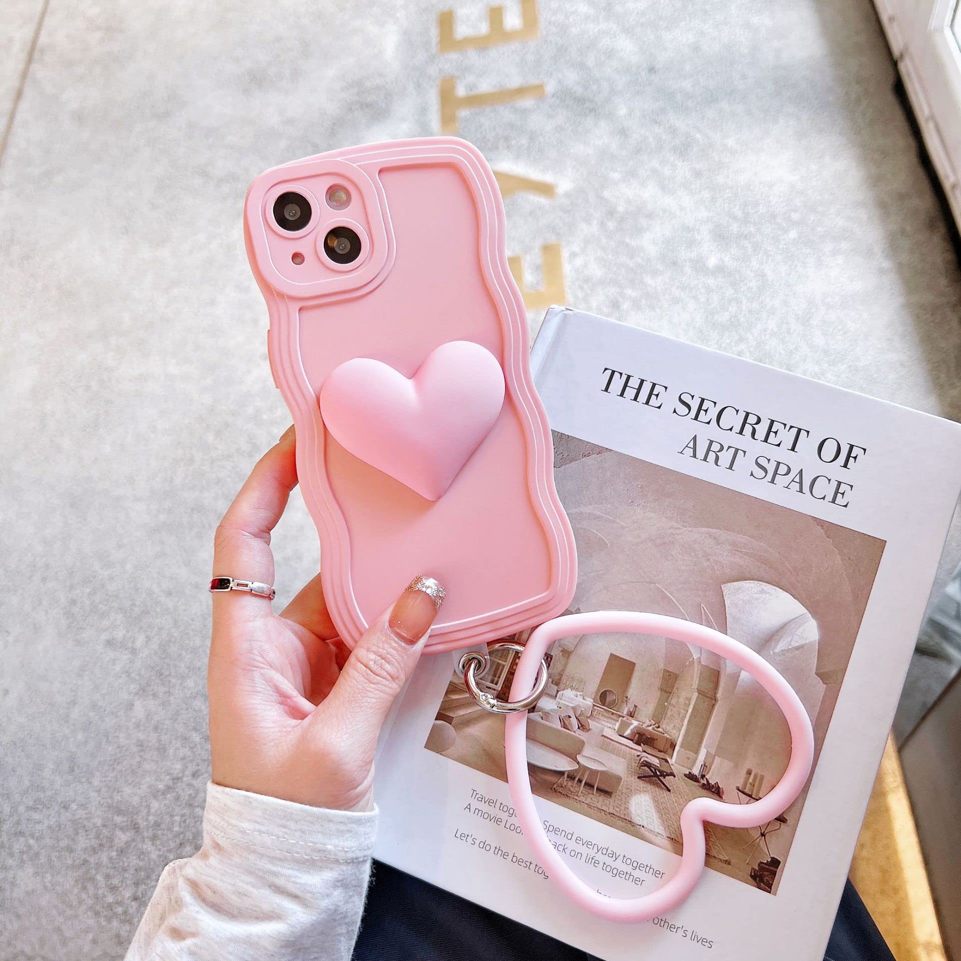 Pink Heart Phone Case for iPhone 14 Pro - Cute 3D Big Love Heart Design with Curly Wave Shape & Matching Bracelet | Perfect Gift for Women & Girls | Valentine's Day, Anniversary, Birthday Present