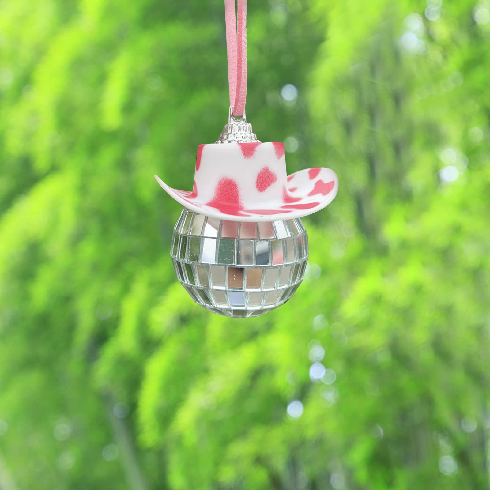 **Disco Ball Car Mirror Ornament - Pink Spot Cowboy Hat Car Charm, Hanging Accessory for Car Decor & Party Vibes | Perfect for Road Trips, Night Drives & Themed Parties**
