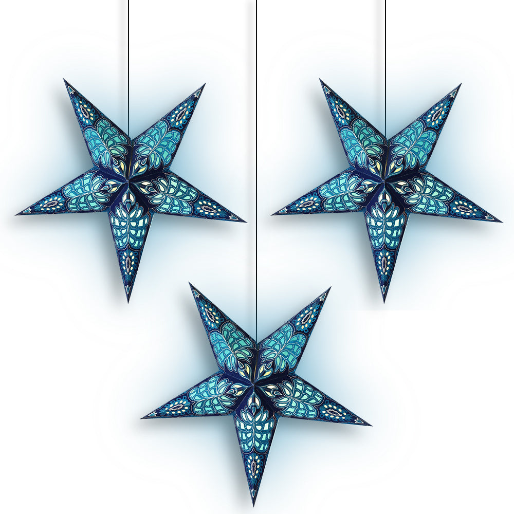 3 Pack Blue Monarch Glitter Illuminated Paper Star Lanterns - LED String Lights Included for Bedroom, Party & Wedding Decor