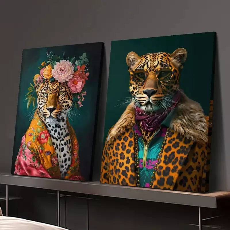 2PCS Leopard Print Framed Canvas Wall Art 50x75cm - High Quality Australian Made Decorative Painting, Ready to Hang - Perfect for Living Room, Bedroom & Office Decor