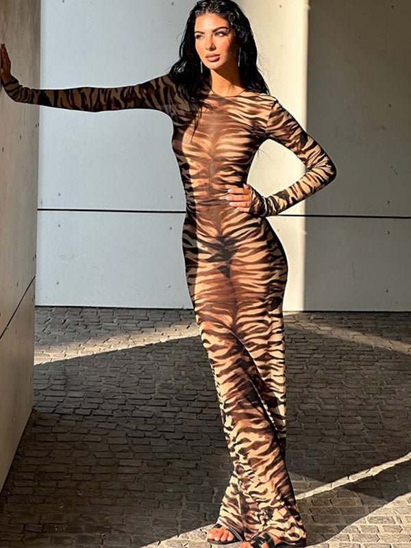 ZASUWA Women's Tiger Stripe Print Mesh Dress - Sexy Round Neck Bodycon Dress for Night Out, Party & Date Night