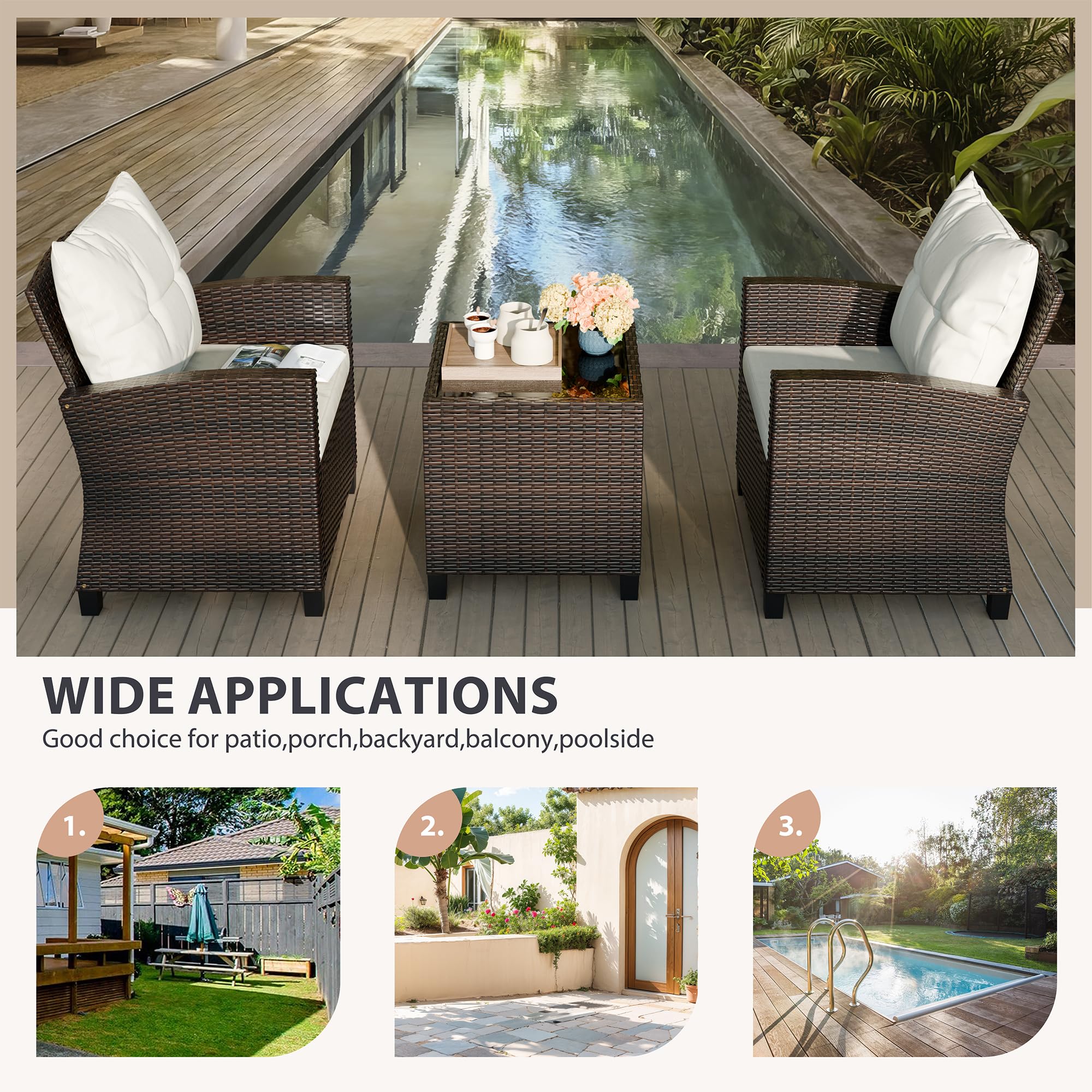 Vongrasig 3-Piece Outdoor Patio Furniture Set - Wicker Rattan Bistro Set with Cushioned Chairs & Glass Table for Porch, Garden, Backyard, Balcony, Poolside (Beige) | Perfect for Small Spaces, Relaxing Mornings & Outdoor Entertaining