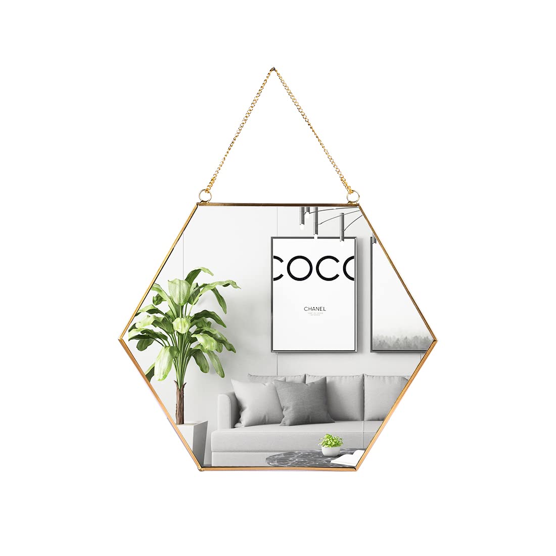 Hexagonal Gold Brass Wall Mirror - 11.8x10.2 Inch Geometric Hanging Decor for Living Room, Bedroom & Entryway - SWTHONY Modern Home Accent Mirror