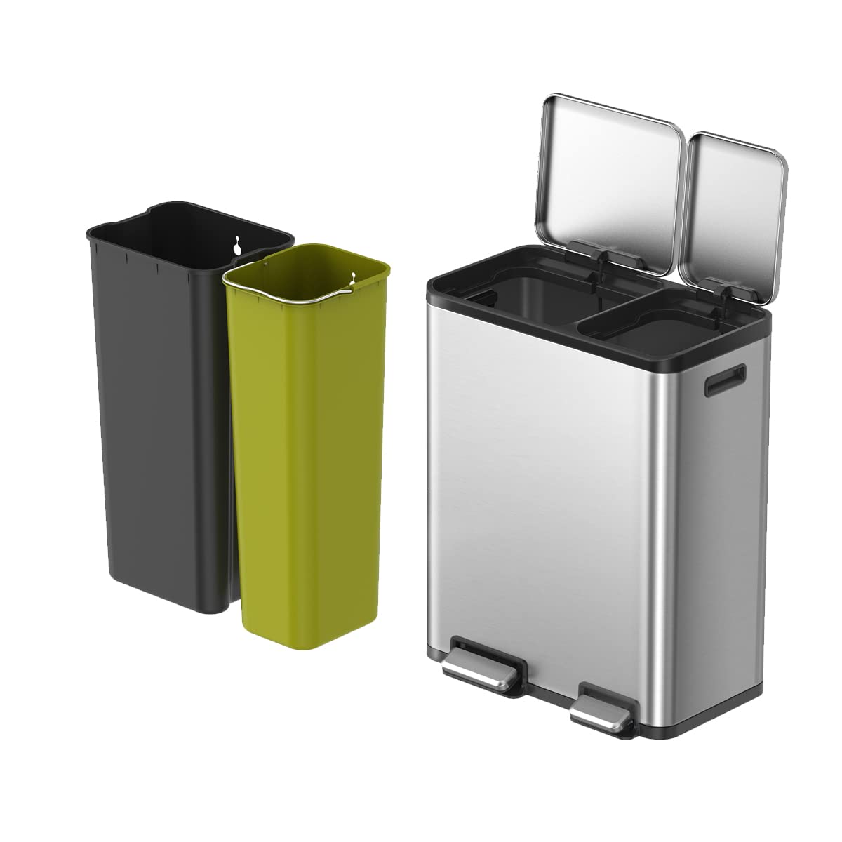 EKO EcoCasa 30L+20L Stainless Steel Dual Compartment Recycling Trash Can - Rectangular Kitchen Waste Bin with Independent Pedals & Soft-Close Lids, Fingerprint Resistant - Perfect for Eco-Friendly Homes, Office Break Rooms & Restaurant Kitchens