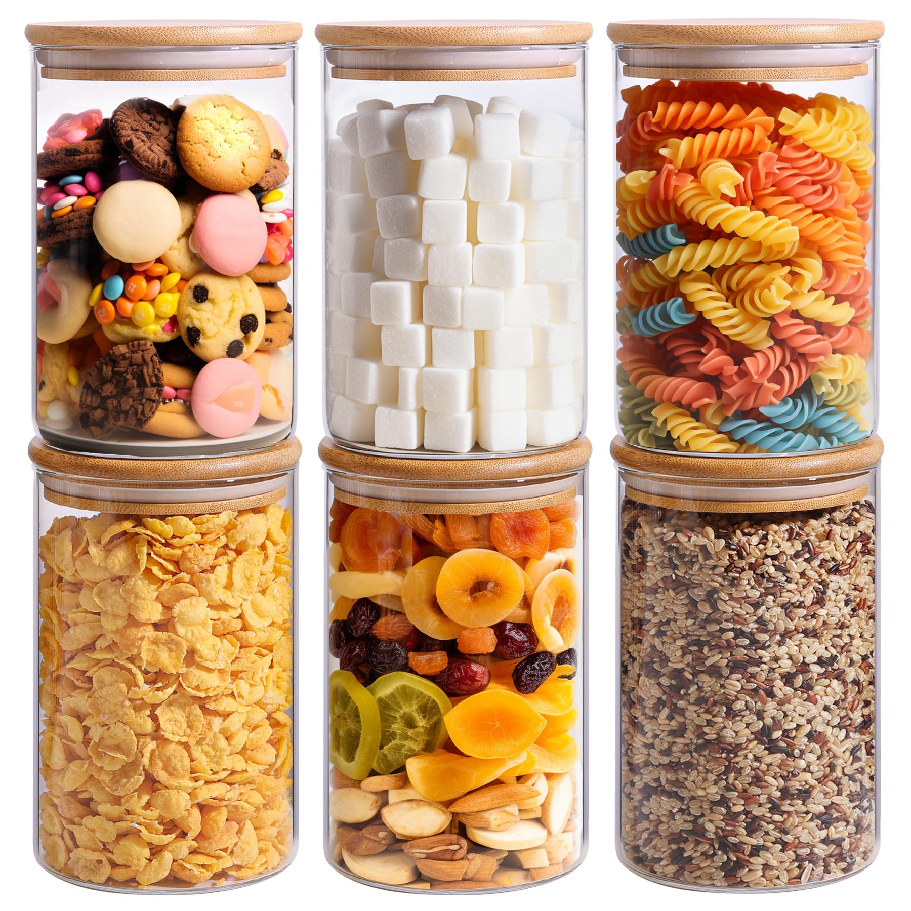 ComSaf 32oz Glass Storage Containers with Airtight Lids - Set of 6 Clear Round Canisters for Pantry Organization - Perfect for Storing Cookies, Pasta, Flour, Rice, Tea & Coffee Beans - Ideal for Kitchen, Pantry & Meal Prep Organization