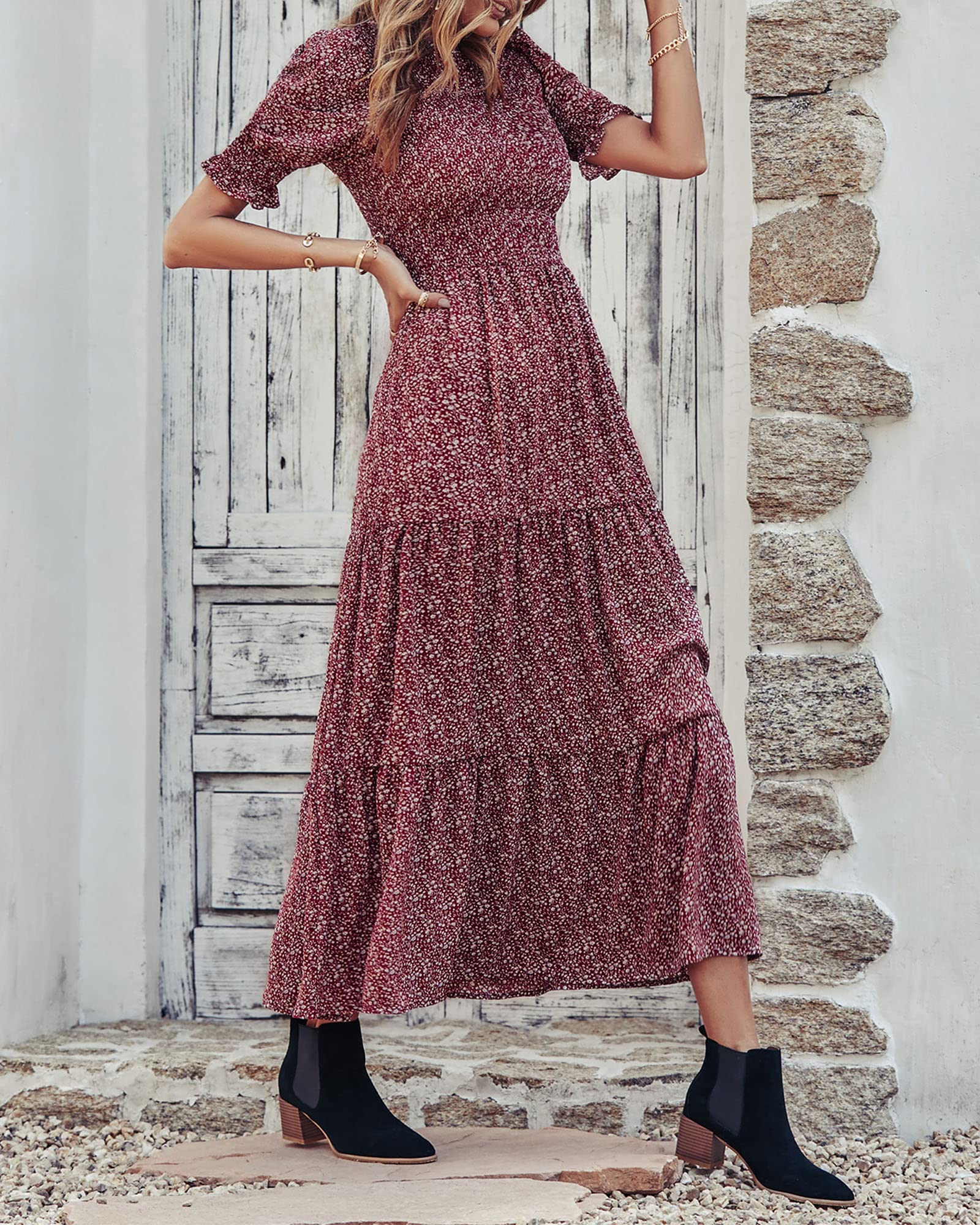 BTFBM Women's Floral Print Boho Maxi Dress - Crew Neck, Ruffle Short Sleeve, Smocked Waist, Flowy Summer Dress for 2025 | Perfect for Beach Vacations, Music Festivals & Boho Chic Outfits