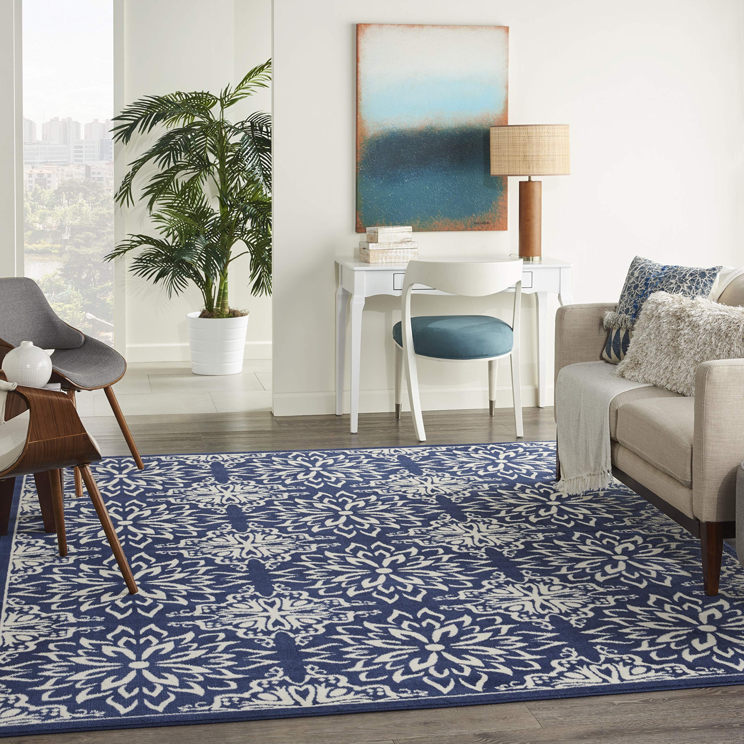 Nourison Jubilant Floral Navy/Ivory 8x10 Area Rug - Easy to Clean, Non-Shedding, Soft & Durable - Perfect for Living Room, Bedroom, Dining Room or Kitchen Decor