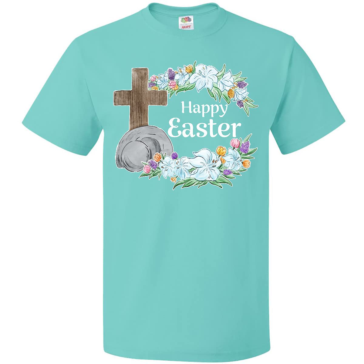 Inktastic Happy Easter with Cross and Flowers Adult T-Shirt - Religious Easter Apparel for Men & Women - Perfect for Church Services, Easter Celebrations & Spring Gatherings