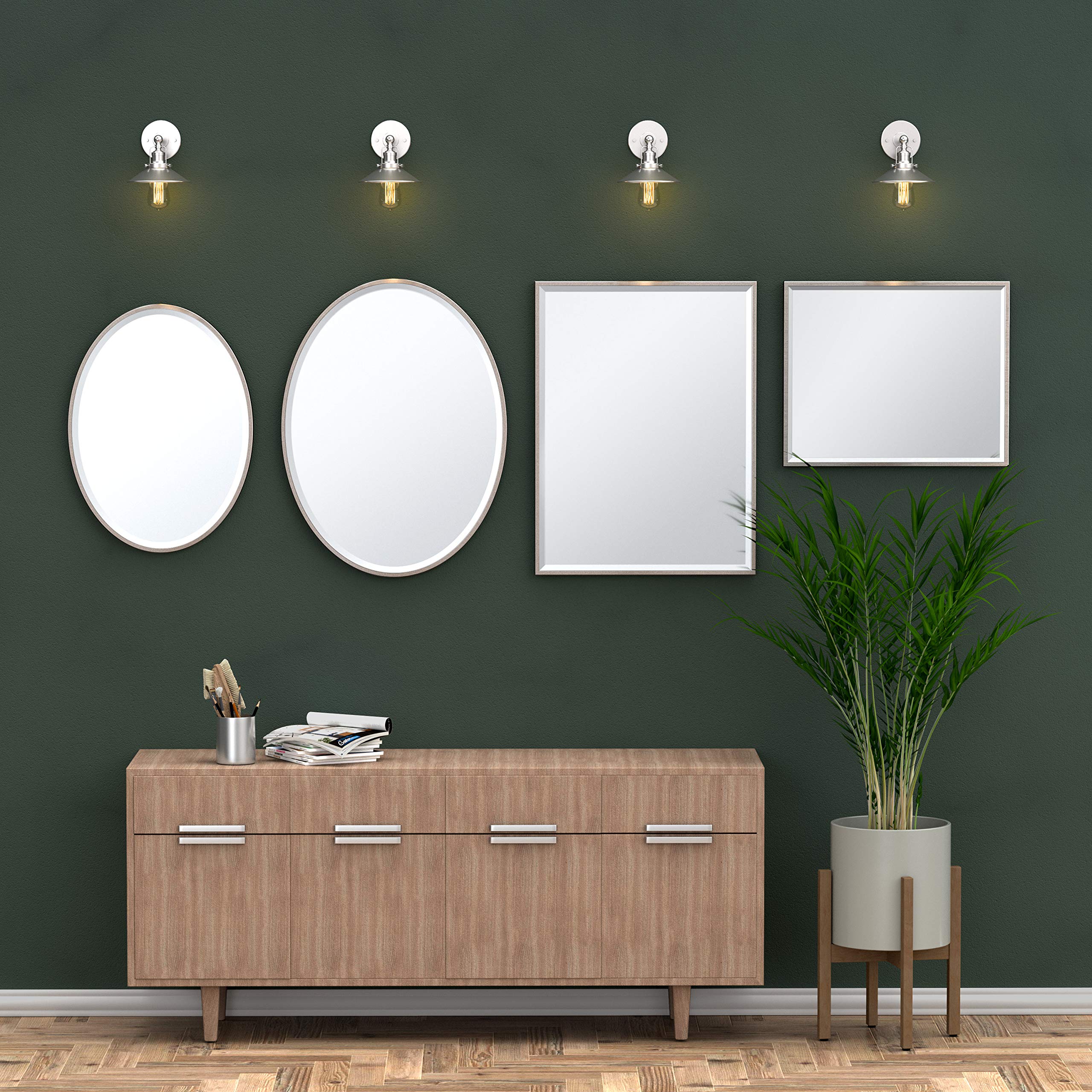 Gatco 1830 Modern Oval Bathroom Wall Mirror 28x21 Inch - Slim Beveled Framed Vanity Mirror in Satin Nickel for Bathroom, Living Room & Bedroom - Easy Mount Safety Bracket - Perfect for Home Decor & Makeup Area