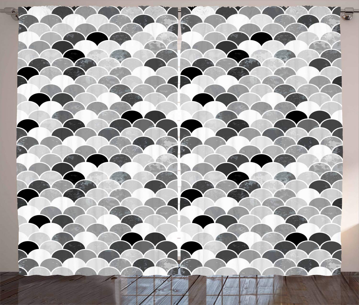 Ambesonne Fish Scale Curtains - Black Grey White Squama Design Aquatic Animal Skin Pattern Monochrome Window Drapes for Living Room & Bedroom - 2 Panel Set 108