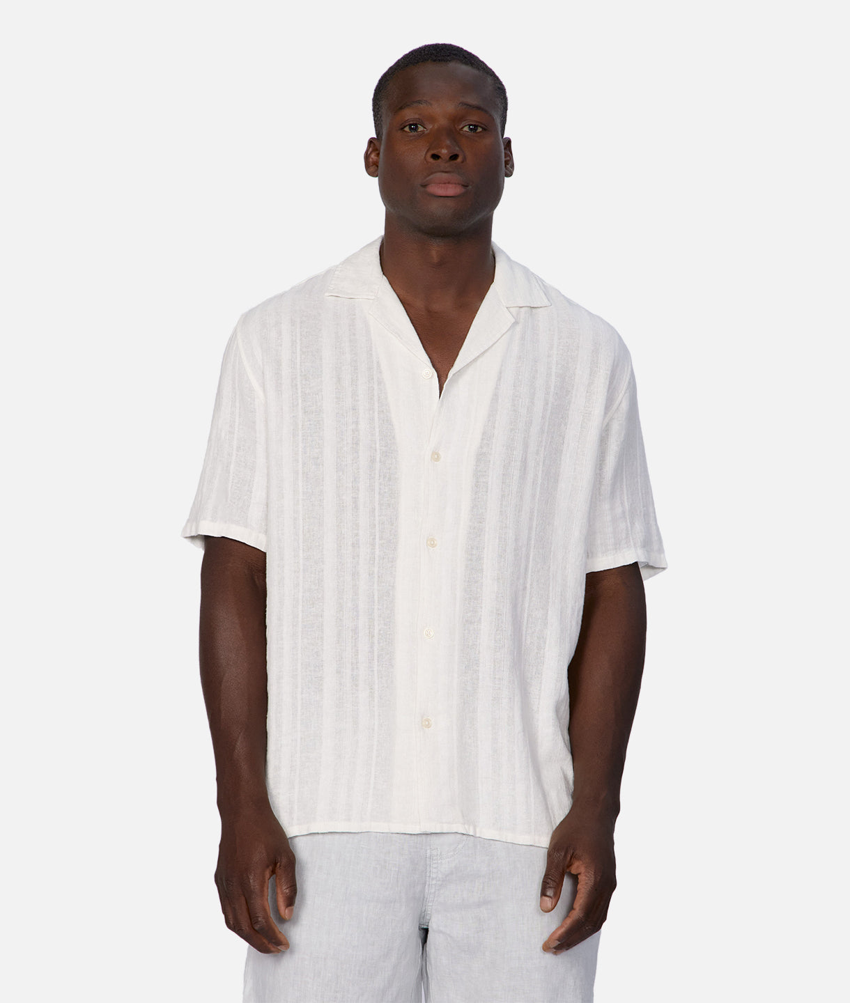 Catanza Striped Short Sleeve Linen Shirt for Men - Breathable Summer Casual Wear - Perfect for Beach Outings, Vacation & Outdoor Activities - White