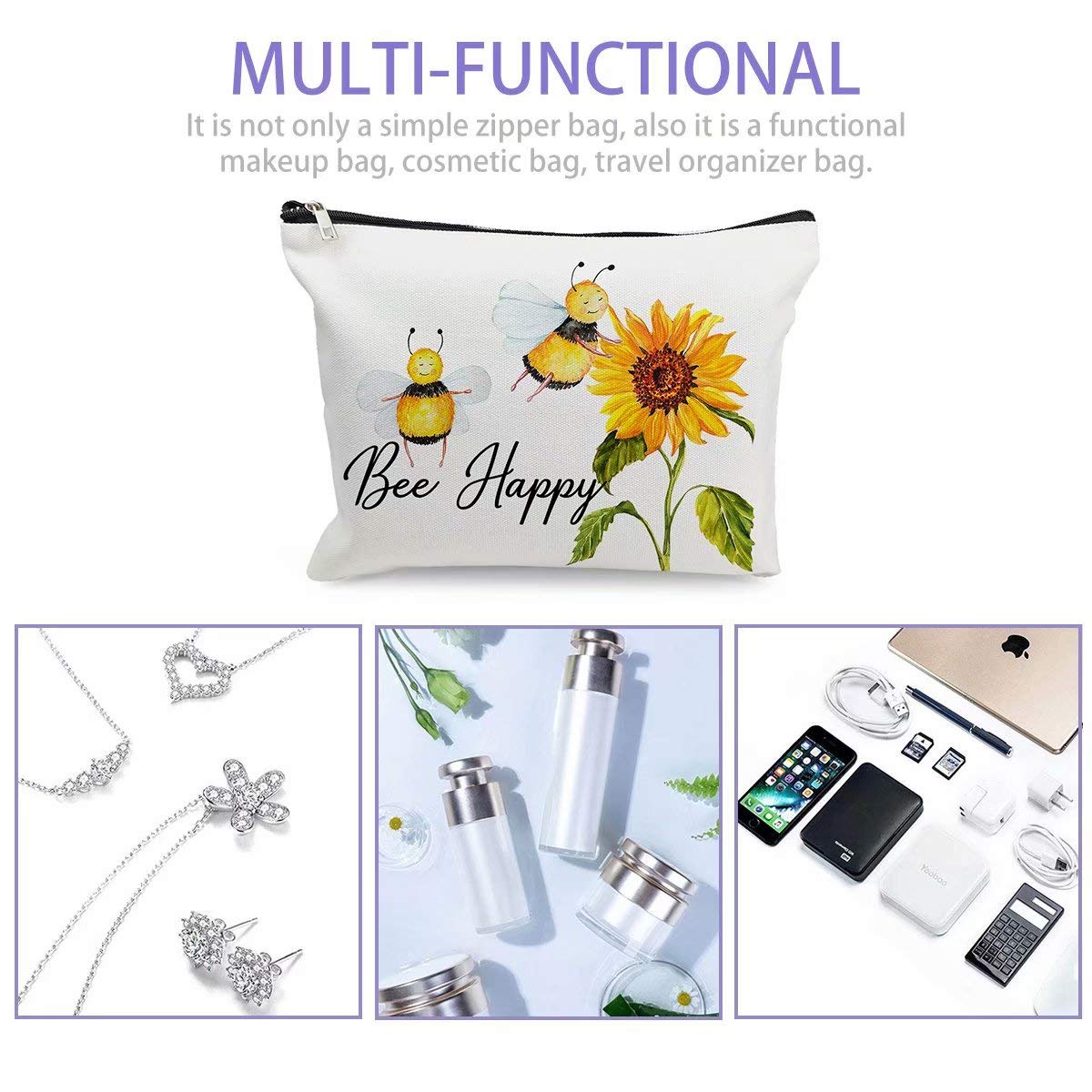 Funny Bee Happy Makeup Bag for Women - Cute Travel Cosmetic Pouch with Zipper - Perfect Toiletry Case for Bestie, Sister, Daughter - Great for Travel, Gifts & Daily Organizer