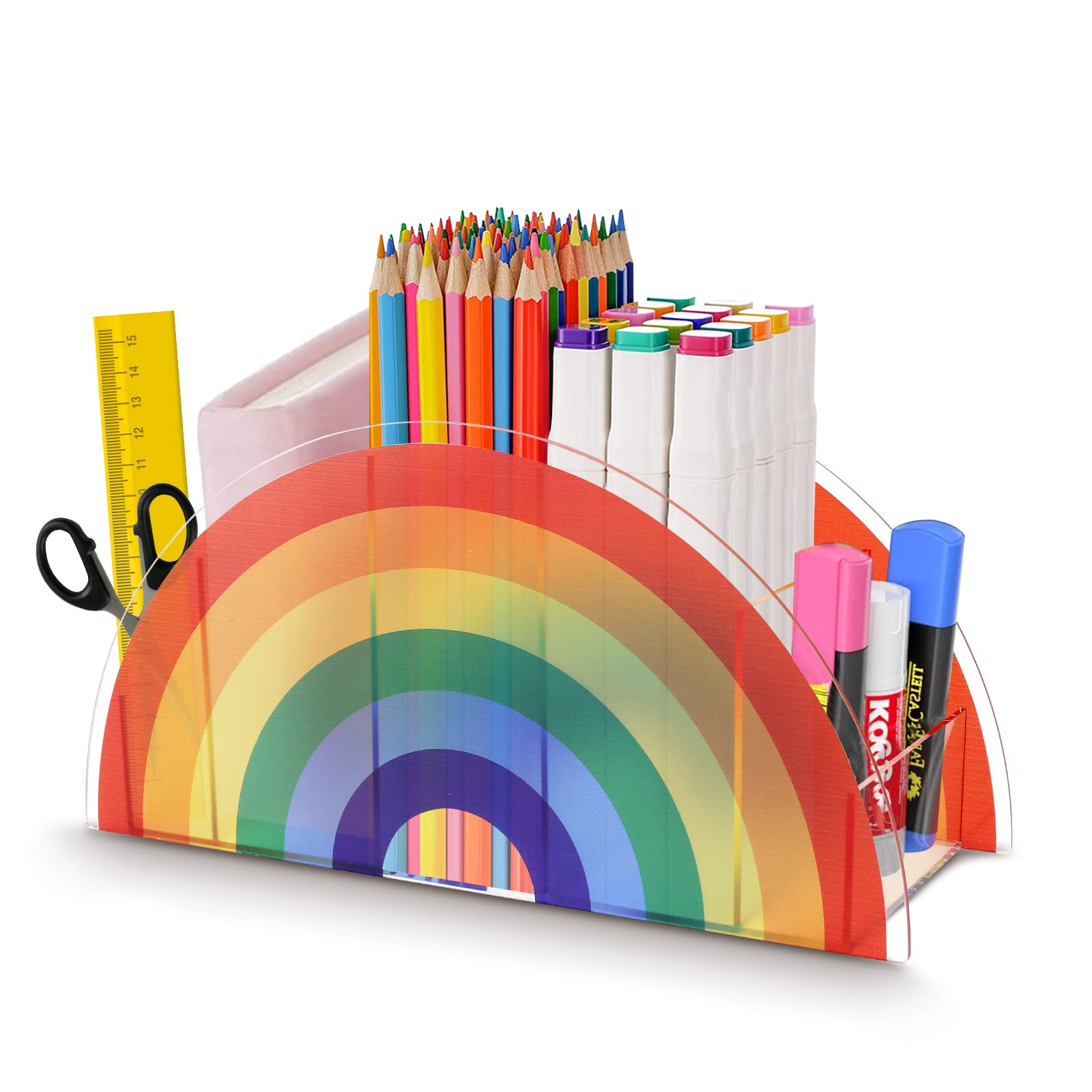 Acrylic Desk Pencil Holder & Pen Organizer - Multifunctional Storage for School, Office, Home Use - Perfect for Kids, Girls, Women to Organize Crayons, Makeup Brushes, Art Supplies (Rainbow Color) | Great for Study, Workstation & Vanity Organization