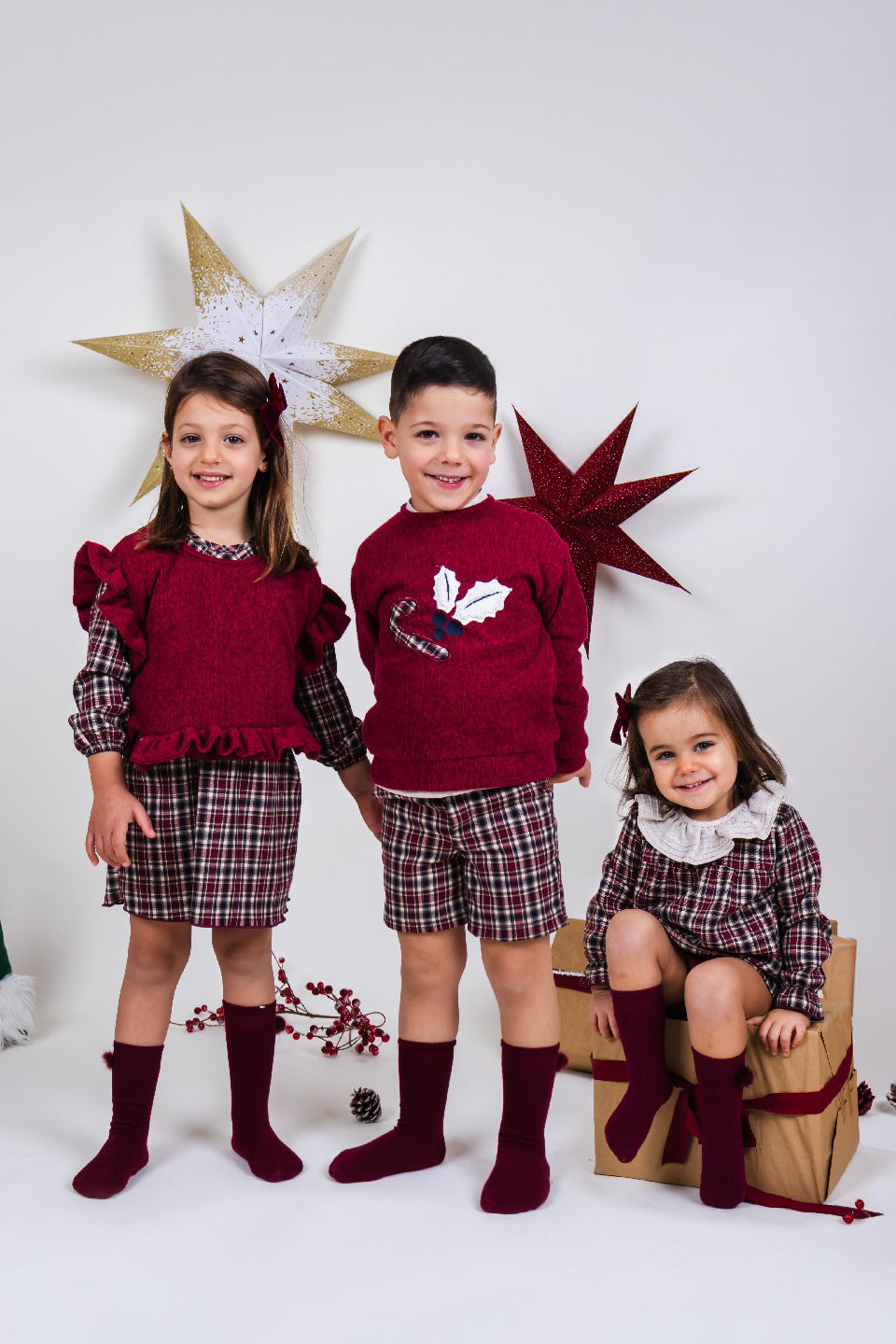 Sonny Burgundy Chenille Jumper, Button-Up Shirt & Plaid Shorts Set - Cozy Winter Outfit for Women, Christmas Family Photos, Holiday Party Fashion