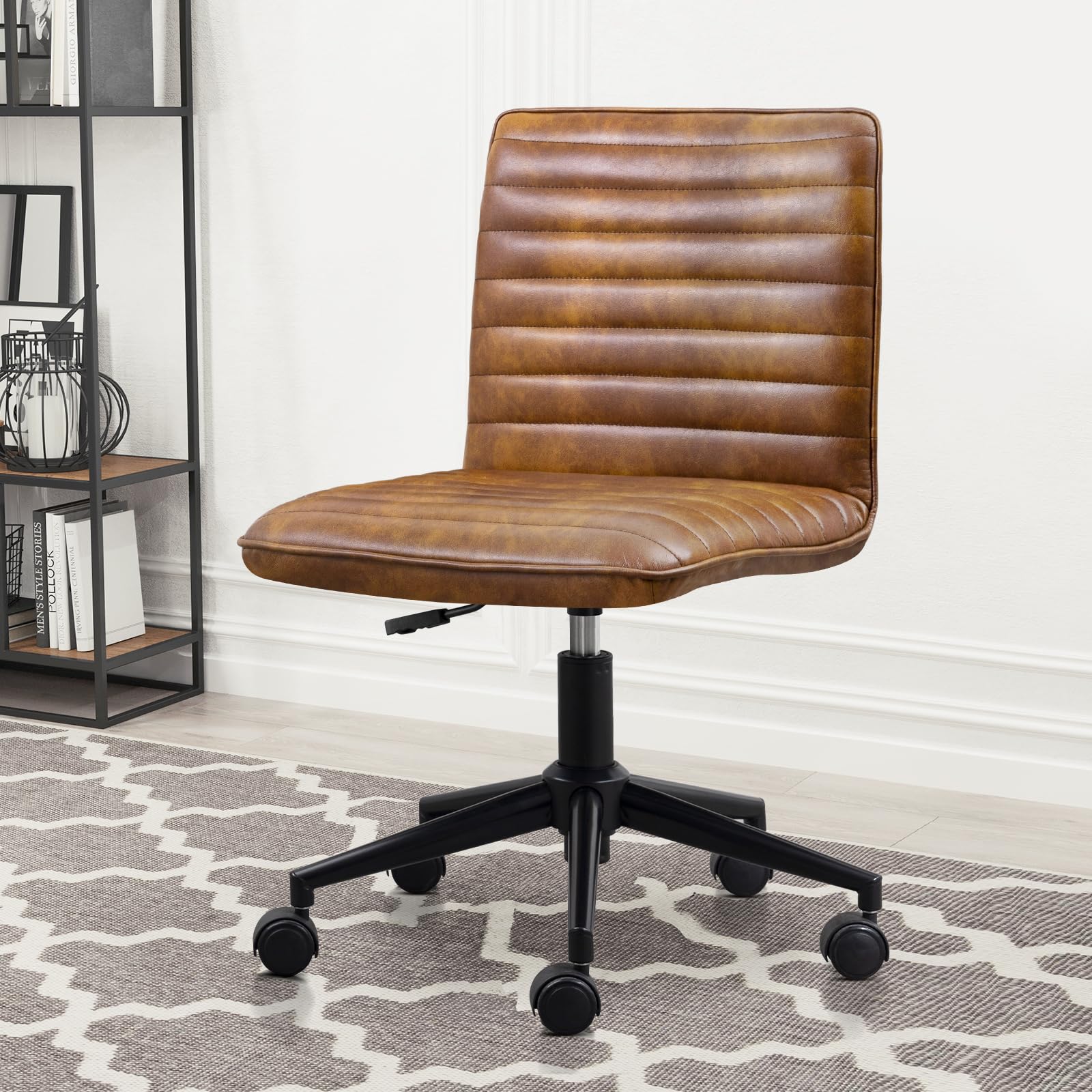 Furniliving Genuine Leather Home Office Chair - Armless Vanity Desk Task Chair with 360° Swivel Wheels & Adjustable Height - Modern Computer Rolling Chair with Gold Metal Base - Perfect for Home Office, Study Room, and Workspace