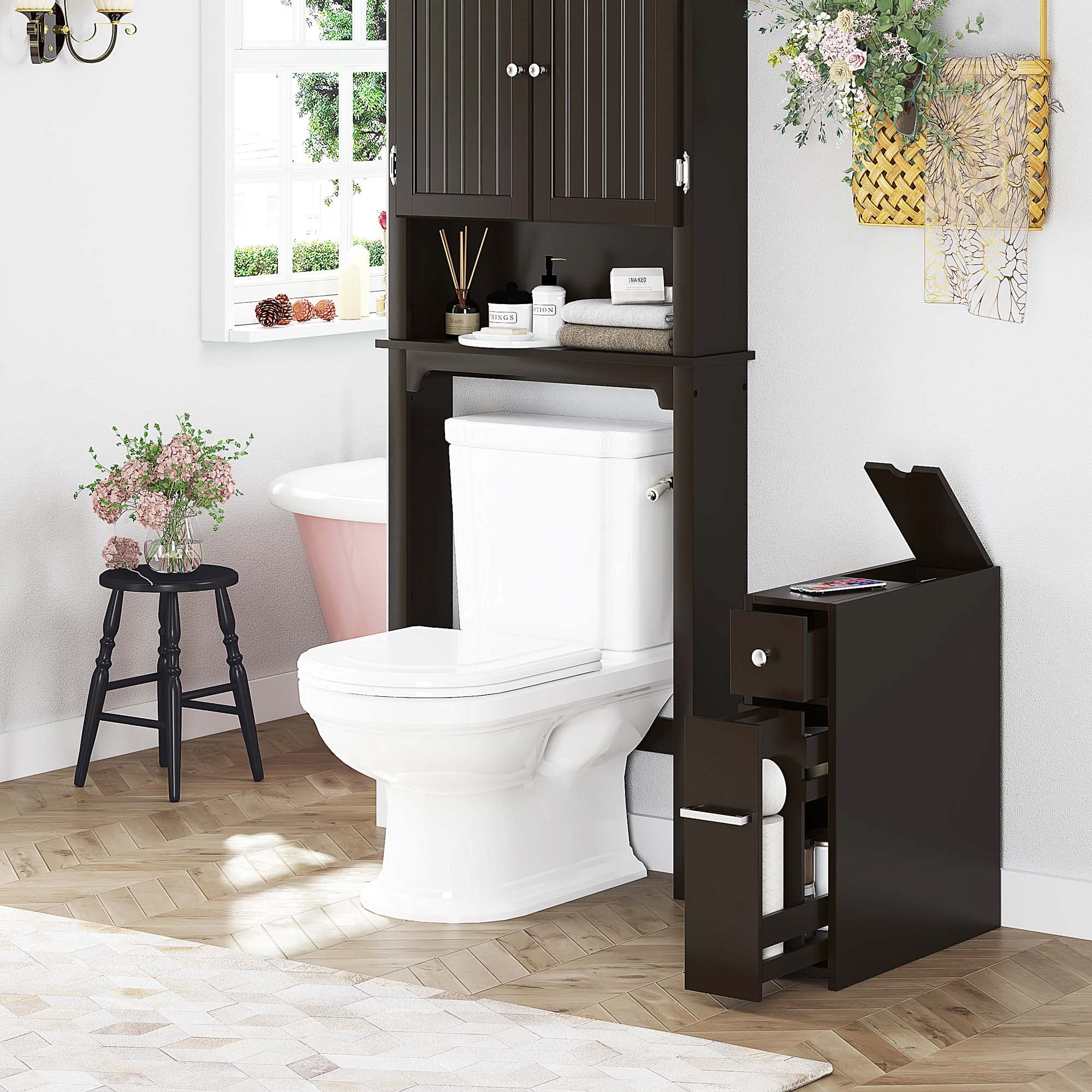 Spirich Slim Bathroom Storage Cabinet with Slide-Out Drawer - Freestanding Toilet Paper Holder Organizer - Espresso Finish - Perfect for Small Bathrooms, Powder Rooms & Apartment Living