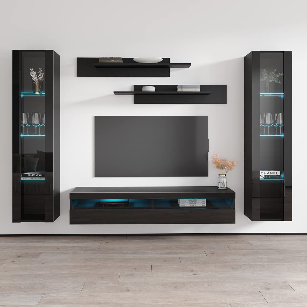 Modern Floating TV Stand with Storage & LED Lights - Wall-Mounted Entertainment Center for Living Room & Bedroom - AB2 35