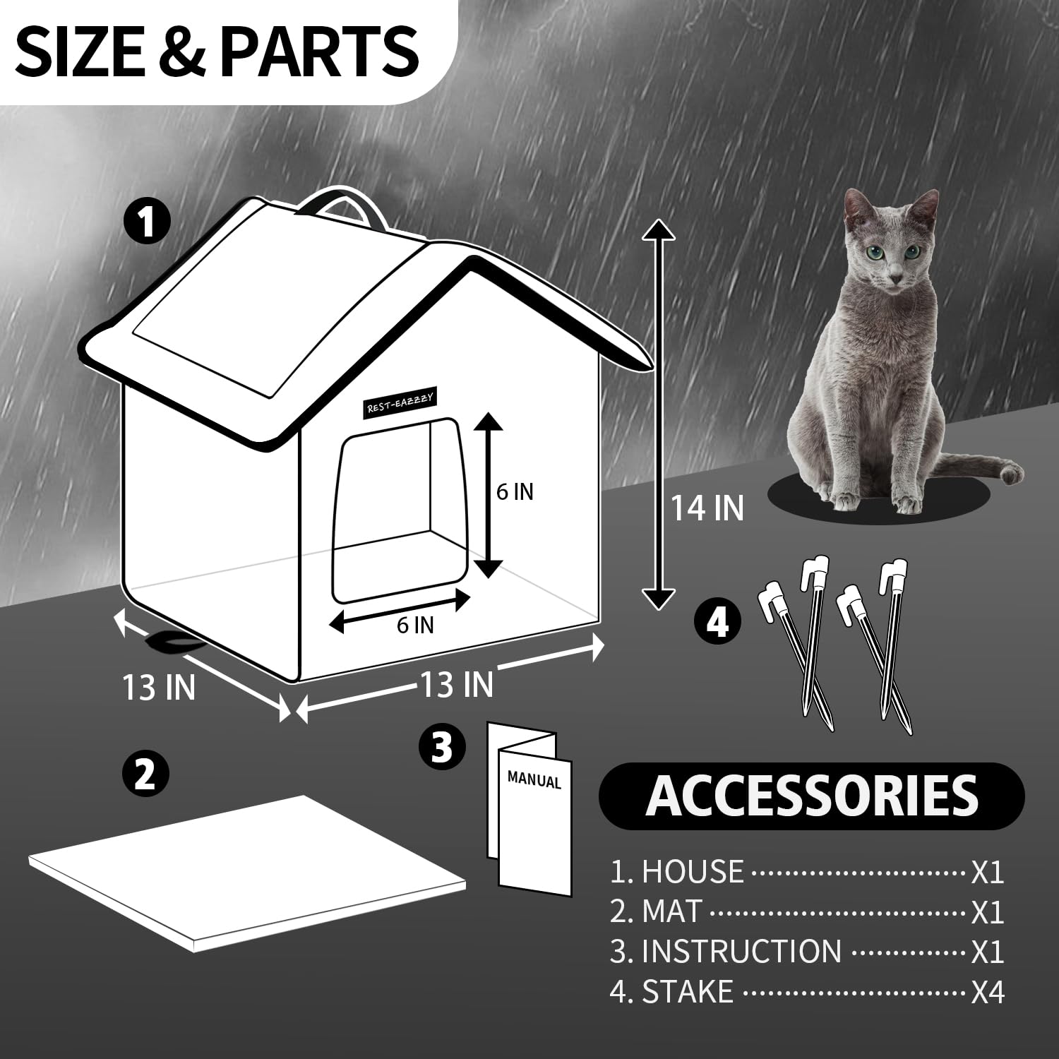 **Weatherproof Insulated Outdoor Cat House - Self-Warming Winter Shelter for Feral Cats with Mat & Clip, Easy Assembly (Grey, Waterproof, Size S) - Perfect for Backyards, Porches & Cold Weather Protection**