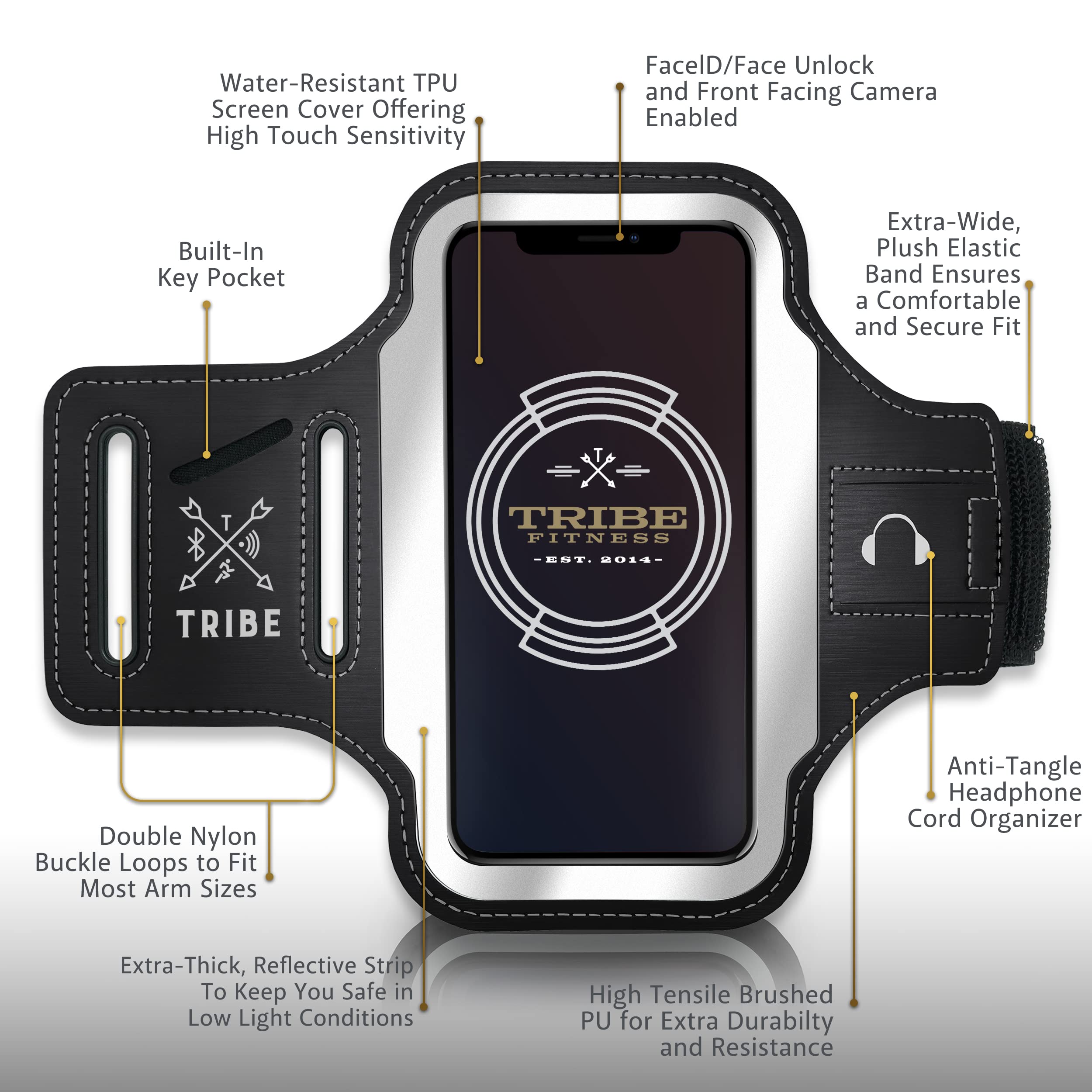TRIBE Running Phone Holder Armband for iPhone & Galaxy - Adjustable Sports Armband for Women & Men - Perfect for Running, Jogging, Walking, Gym Workouts - Fits All Smartphones with CC/Key Pocket - Stay Connected During Outdoor Activities & Fitness Training