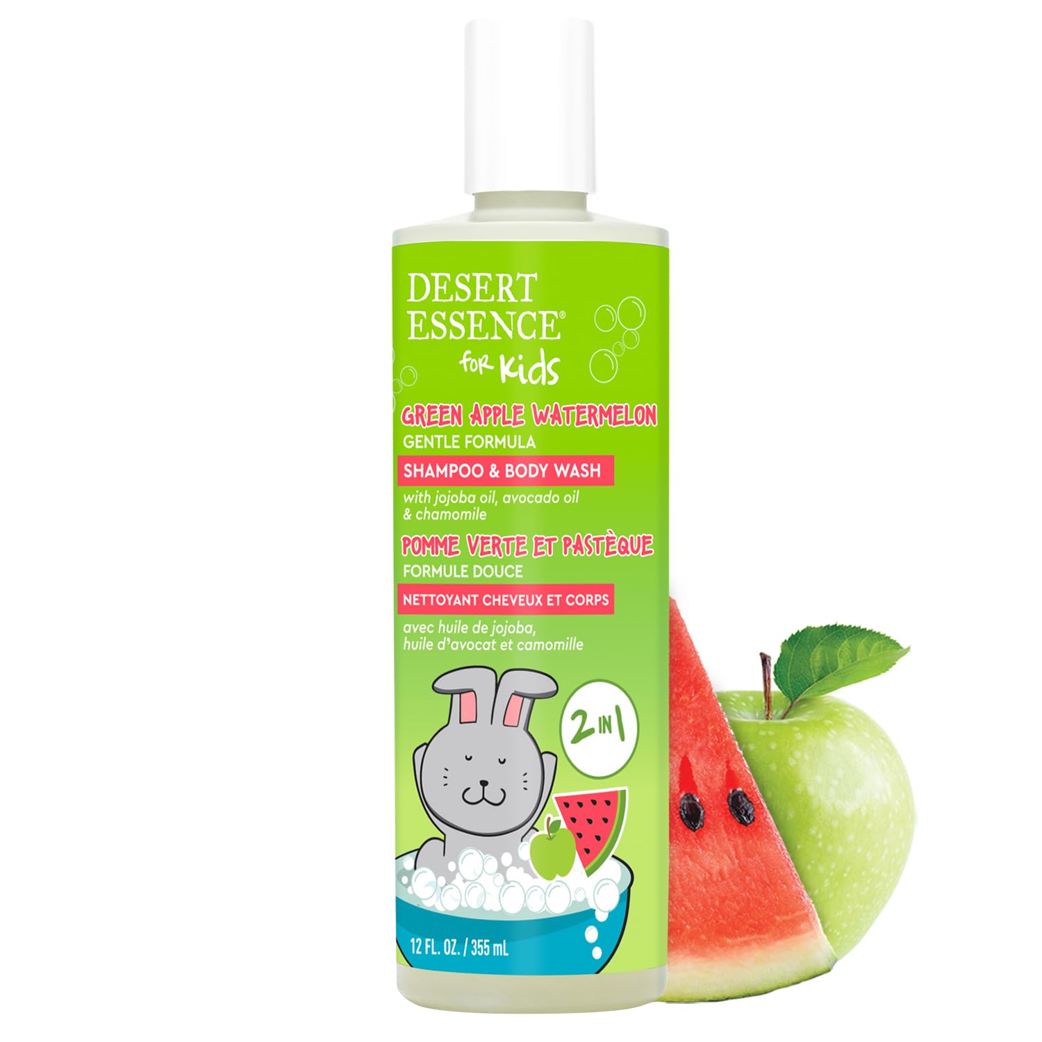 Desert Essence Kids Green Apple Watermelon 2-in-1 Shampoo & Body Wash + Conditioning Detangler Bundle 12 fl oz | Vegan, Gluten-Free, Cruelty-Free | Nourishing Formula for Soft Hair & Skin | Perfect for Kids Bath Time & Daily Hair Care