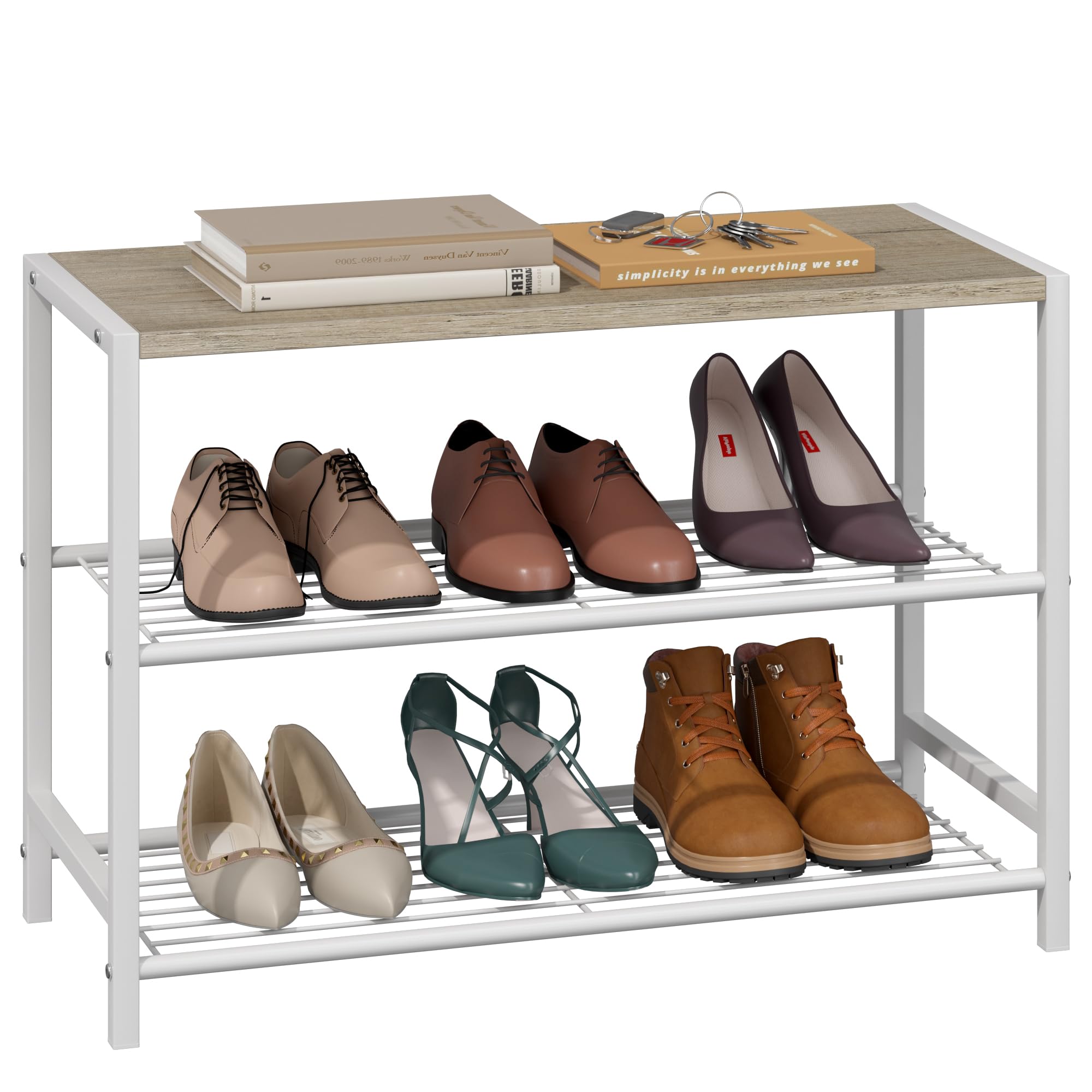 3-Tier Industrial Shoe Rack Organizer - Narrow Sturdy Metal Shoe Storage Shelf for Closet & Entryway - Space Saving Shoe Organizer for Small Spaces - White (Perfect for Apartments, Dorms & Mudrooms)
