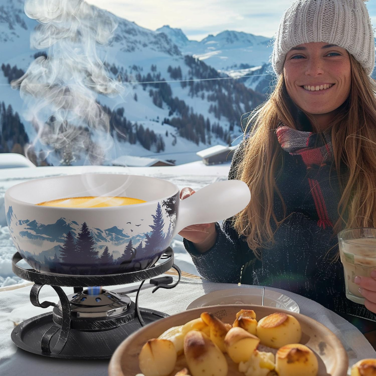Artestia Serene Summits 2L Large Capacity Fondue Set - Ceramic Cheese & Chocolate Melting Pot with 6 Forks | Perfect for Parties, Christmas, Weddings & Holiday Gifts | Great for Entertaining, Family Gatherings & Romantic Dinners