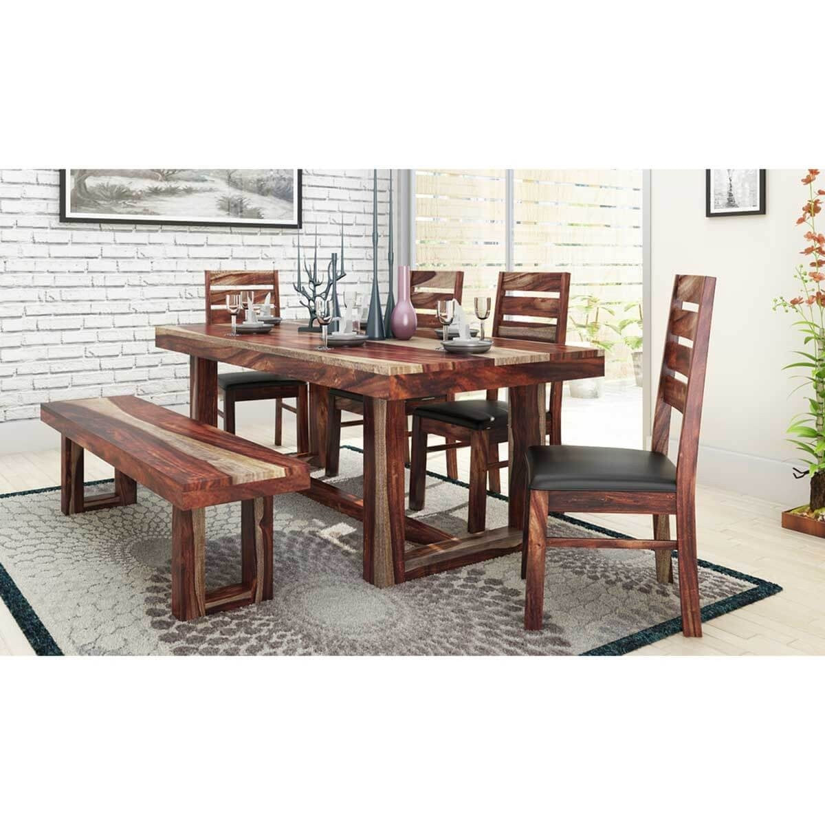 Galveston Rustic Solid Wood 6-Piece Dining Table Set with Bench - Perfect for Farmhouse Kitchen, Dining Room & Outdoor Entertaining