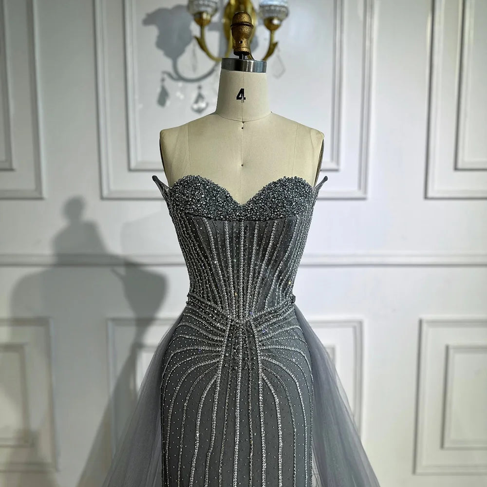 Elegant Strapless Pink Pearl Beaded Arabic Mermaid Evening Gown with Detachable Overskirt LA72811B - Perfect for Weddings, Prom, Gala and Special Occasions
