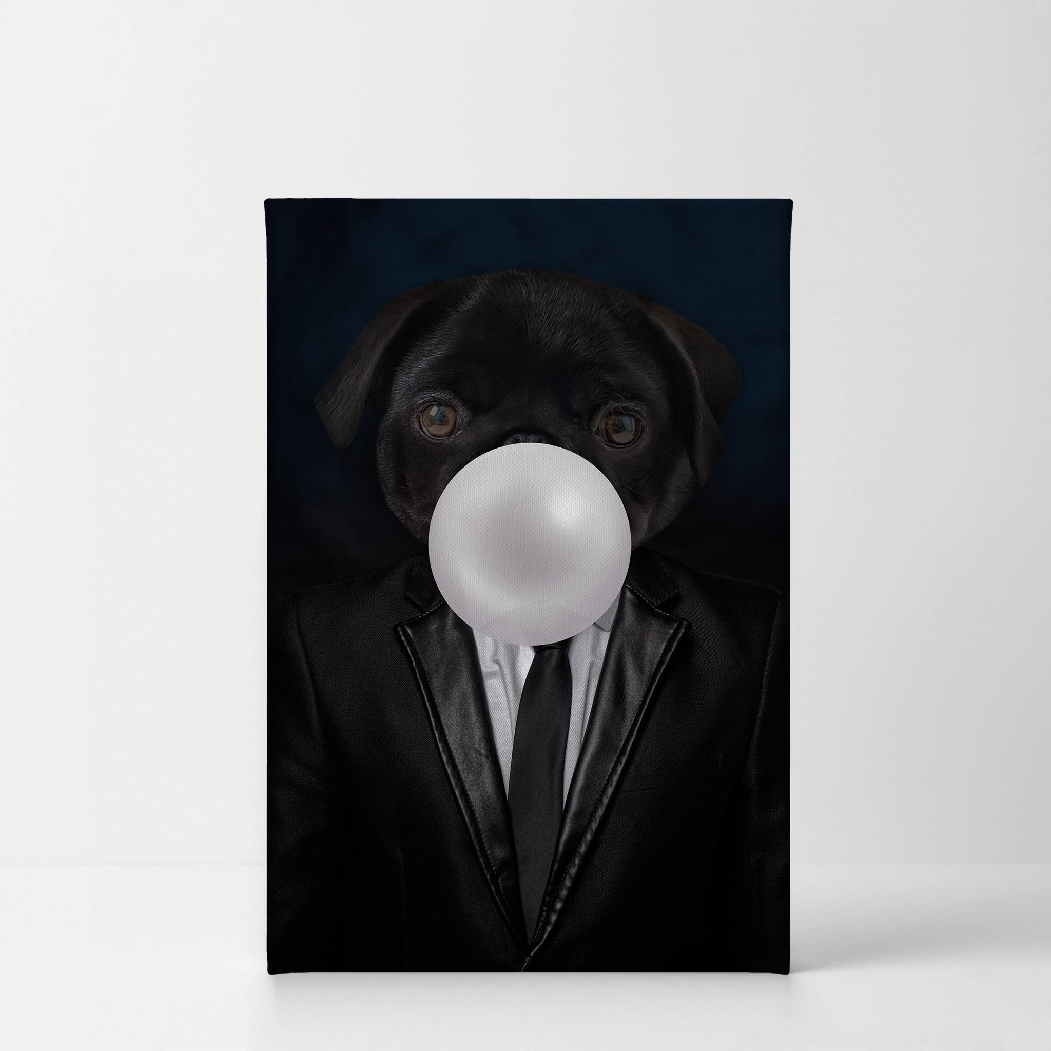 Pug Dog Portrait in Suit Chewing Bubble Gum - Canvas Wall Art Print for Pet Lovers, Pop Art Decor for Office, Living Room, Bedroom & Nursery - 40x30 Inches - Perfect Gift for Dog Enthusiasts & Unique Home Decor
