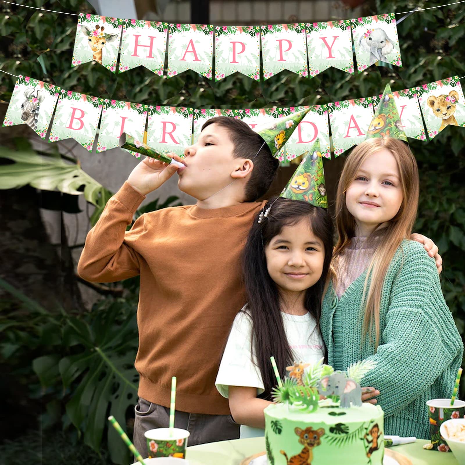 Jungle Happy Birthday Banner for Girls - Green & Pink Safari Theme Birthday Decorations | Perfect for Wild One, Wild Two, Wild Three Birthday Parties & Jungle-Themed Celebrations