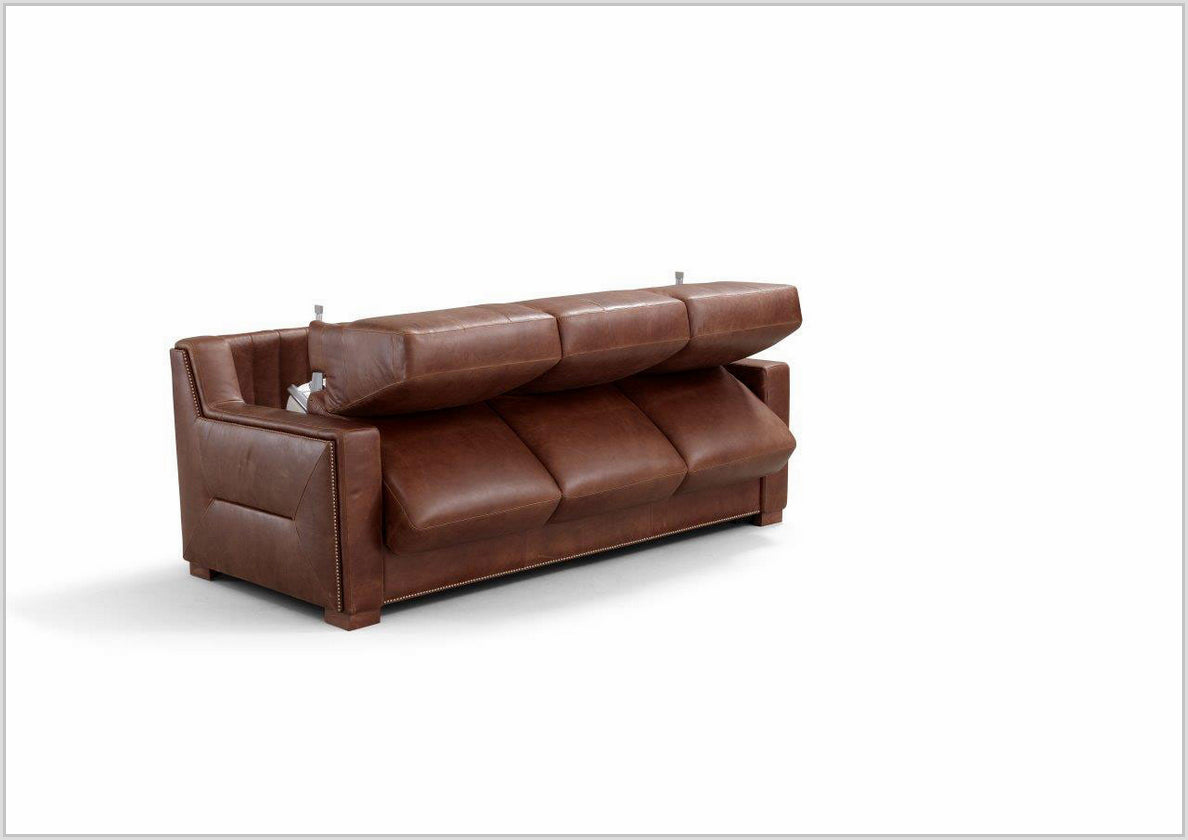 Kathy Ireland Alaves 3-Seater Brown Genuine Leather Queen Size Sleeper Sofa Bed - Convertible Couch for Living Room, Guest Room & Small Spaces