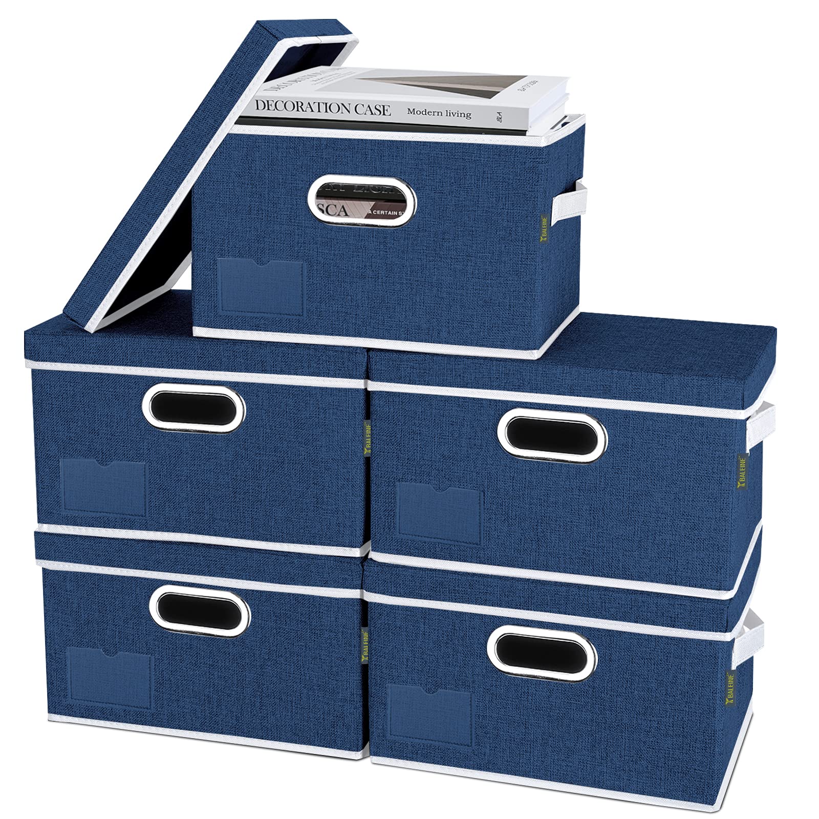 BALEINE Foldable Storage Bins with Lids - 5 Pack Medium Blue Fabric Storage Boxes | Collapsible Closet Organizer for Bedroom, Office & Home Organization | Perfect for Seasonal Clothes, Toys & Blanket Storage