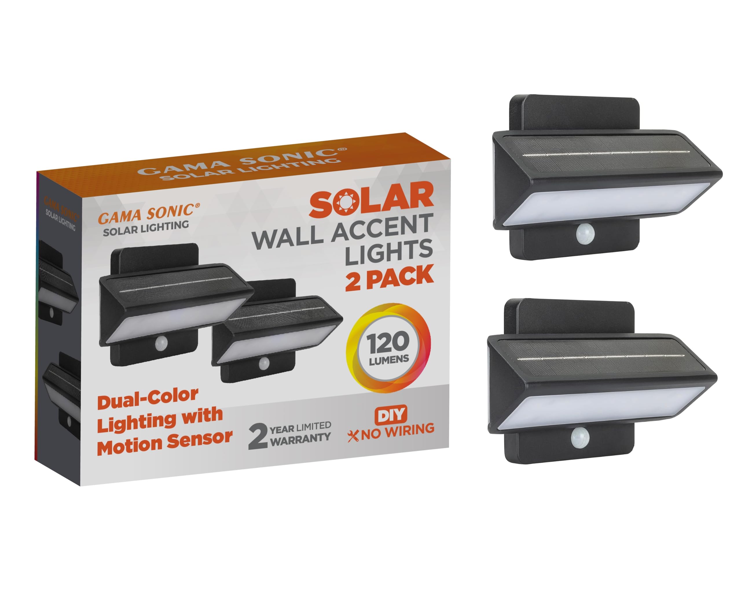 Gama Sonic Solar Wall Light Outdoor - 120 Lumens Motion Sensor Security Light with Heavy Duty Aluminum Construction - Waterproof Solar Powered Accent Lighting for Garden, Patio, Pathway (2 Pack, Black)
