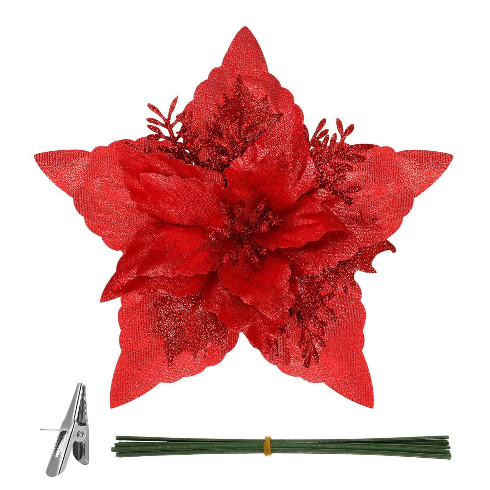 12 Pcs Christmas Glitter Poinsettia Flowers Decor - 7 Inch Artificial Xmas Tree Ornaments with Clips & Stems for Holiday Party, Wedding, New Year, Valentine's Day Decorations - Perfect for Home, Office, and Festive Event Decor