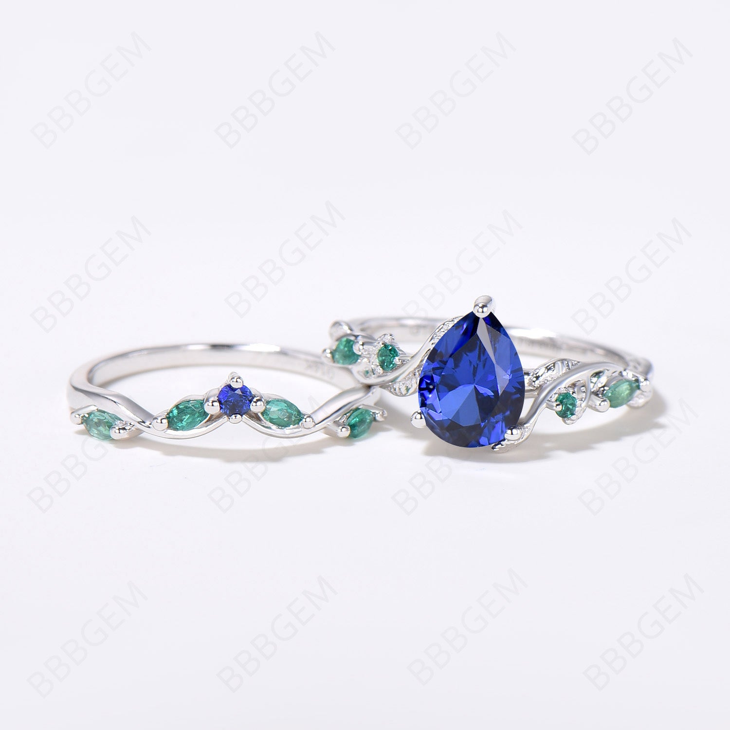 Vintage Nature Inspired Pear Blue Sapphire & Emerald Bridal Ring Set - Twig Leaf Vine Wedding Jewelry, September Birthstone Gift for Her - Perfect for Engagement, Anniversary & Special Occasions