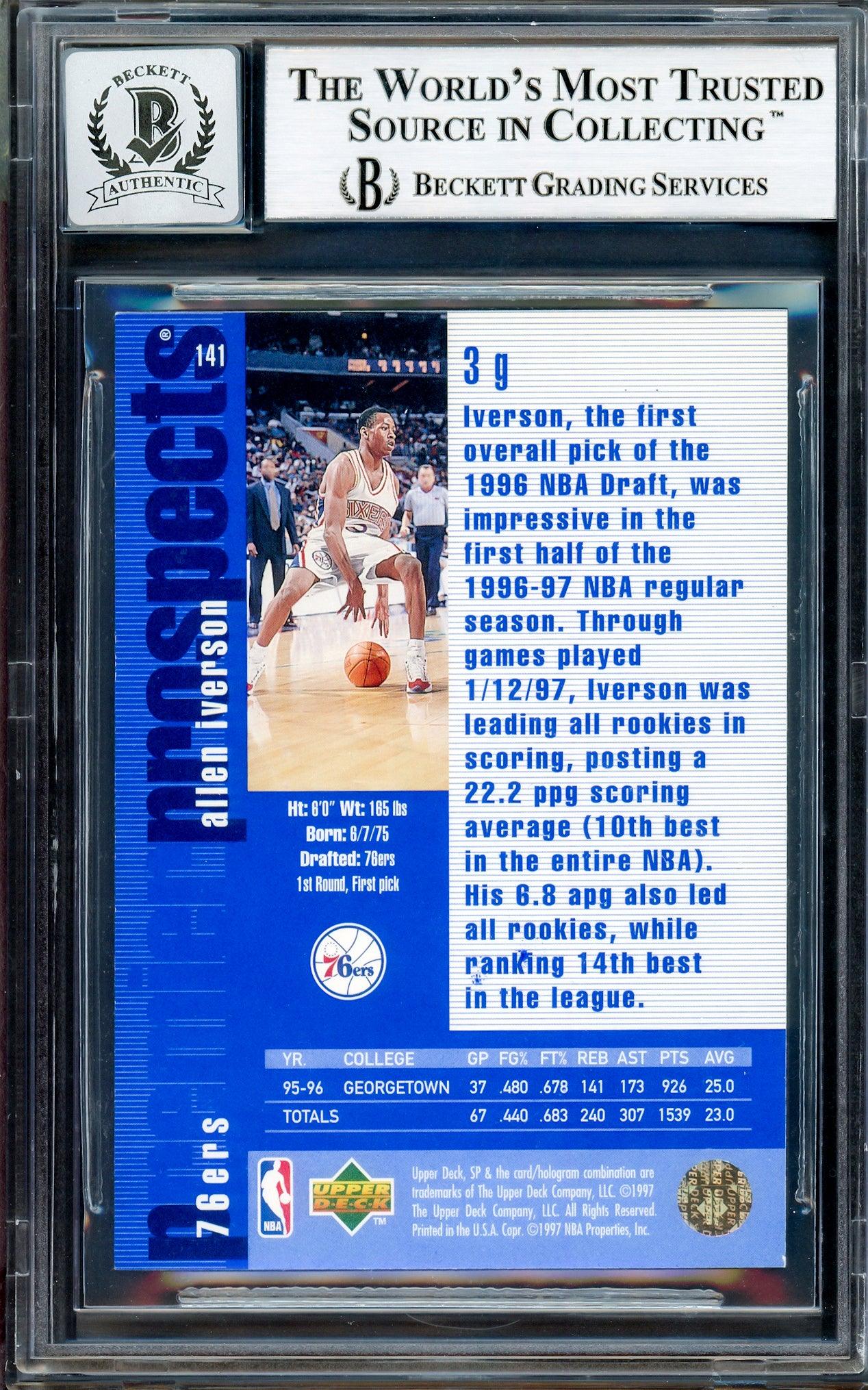 Allen Iverson Autographed 1996-97 SP Authentic Rookie Card #141 Philadelphia 76ers - Beckett BAS Gem Mint 10 Grade - Perfect for NBA Memorabilia Collectors & 76ers Fans Display