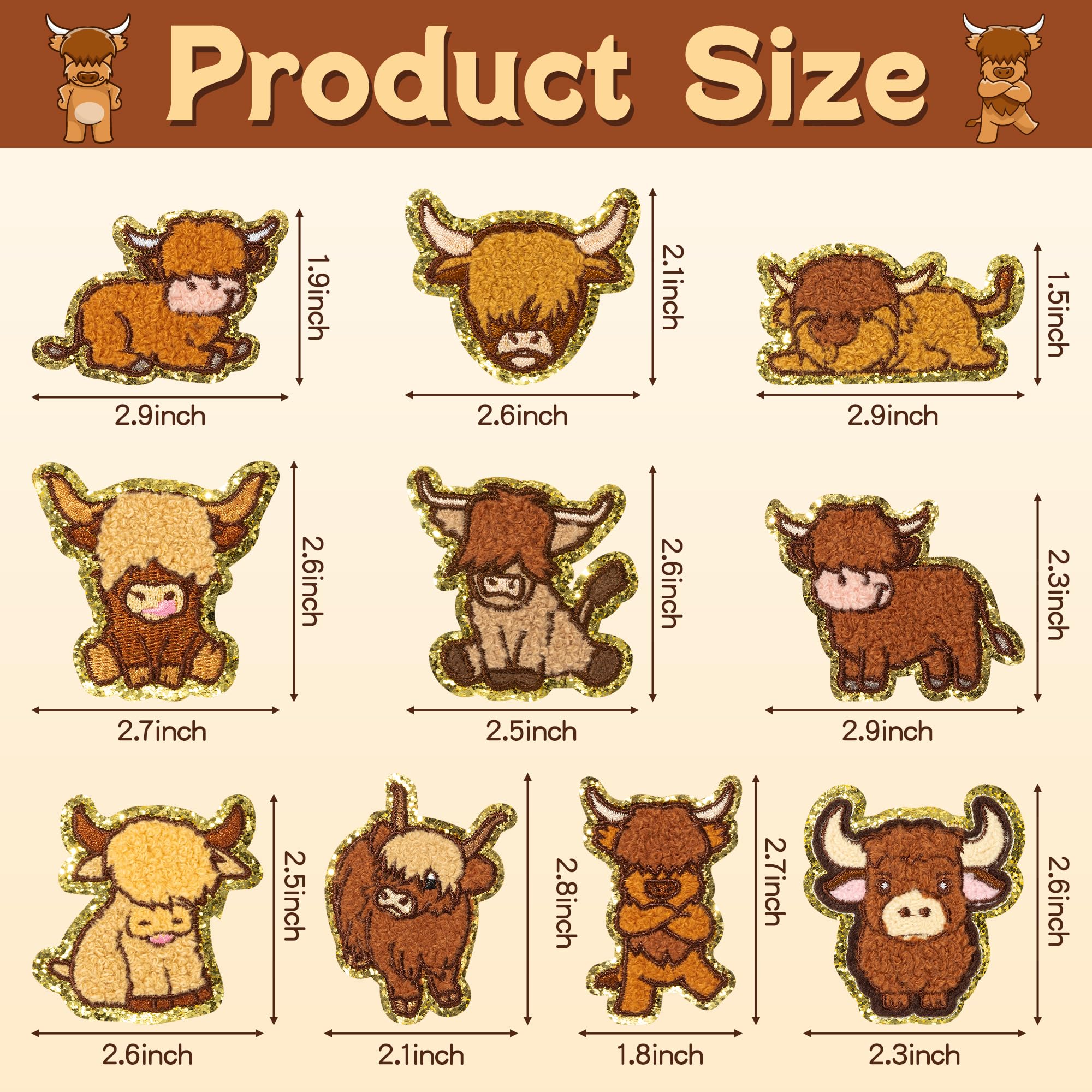 10Pcs Highland Cow Chenille Iron-On Patches for Kids - Cartoon Animal Knee Repair Patches, DIY Embroidered Applique for Backpack, Clothes, Dress, Pants & Hats - Fun & Durable Fabric Accessories for School, Play & Outdoor Activities