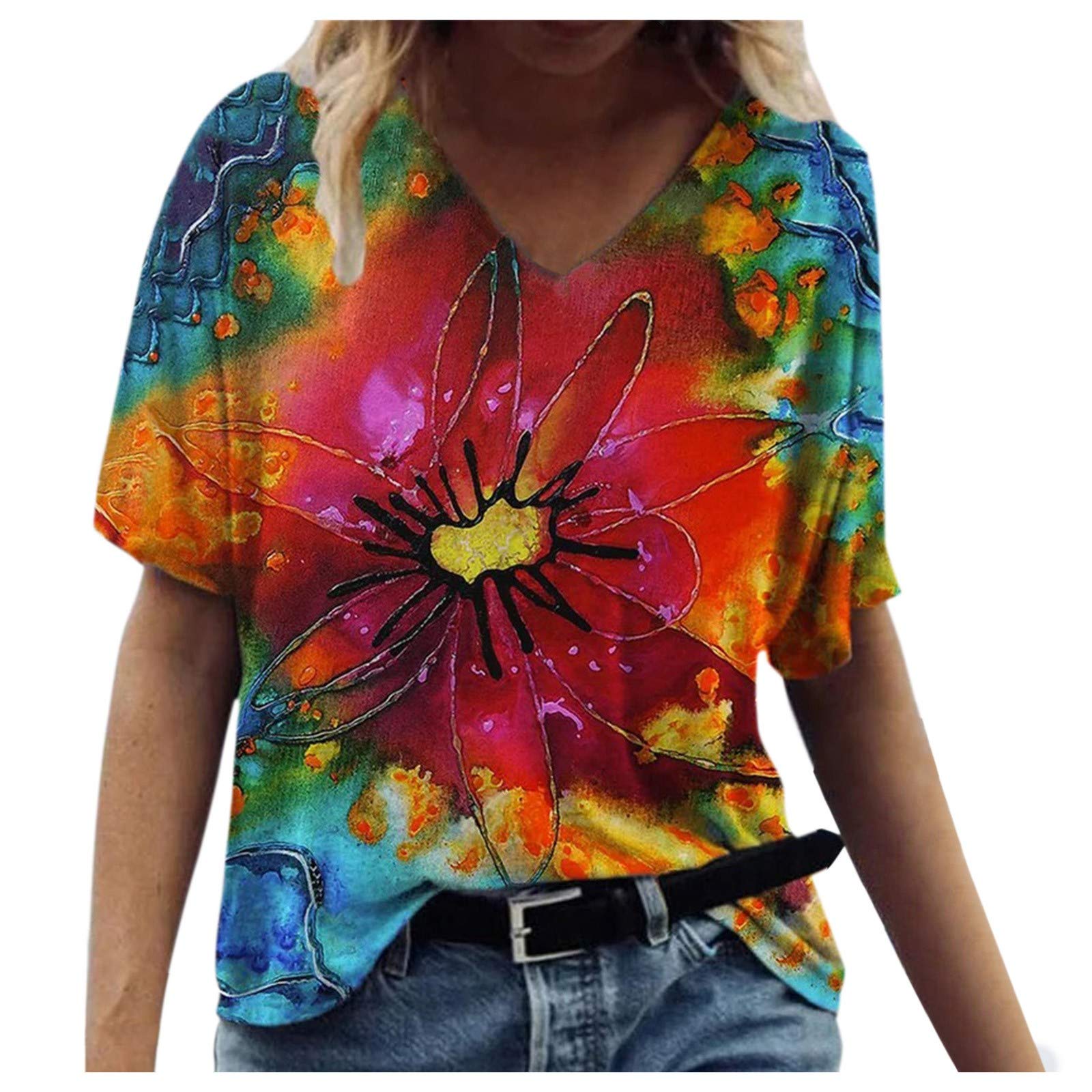 Women's Summer V-Neck Short Sleeve T-Shirt - Cute Printed Casual Blouse Top - Loose Fit Comfortable Tee for Everyday Wear, Beach Outings & Weekend Outfits