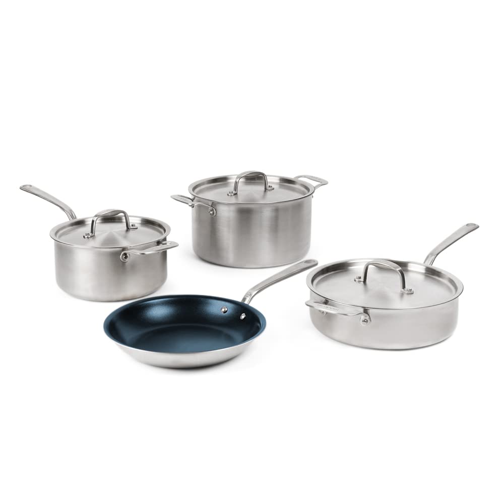 Premium 7-Piece Non Stick Cookware Set - Stainless Steel Clad with 5-Ply Construction - Includes Stock Pot, Saute Pan, Sauce Pan & Frying Pan (Harbour Blue) - Professional Kitchen Essentials for Home Chefs - Perfect for Boiling, Frying & Sauteing - Made in USA