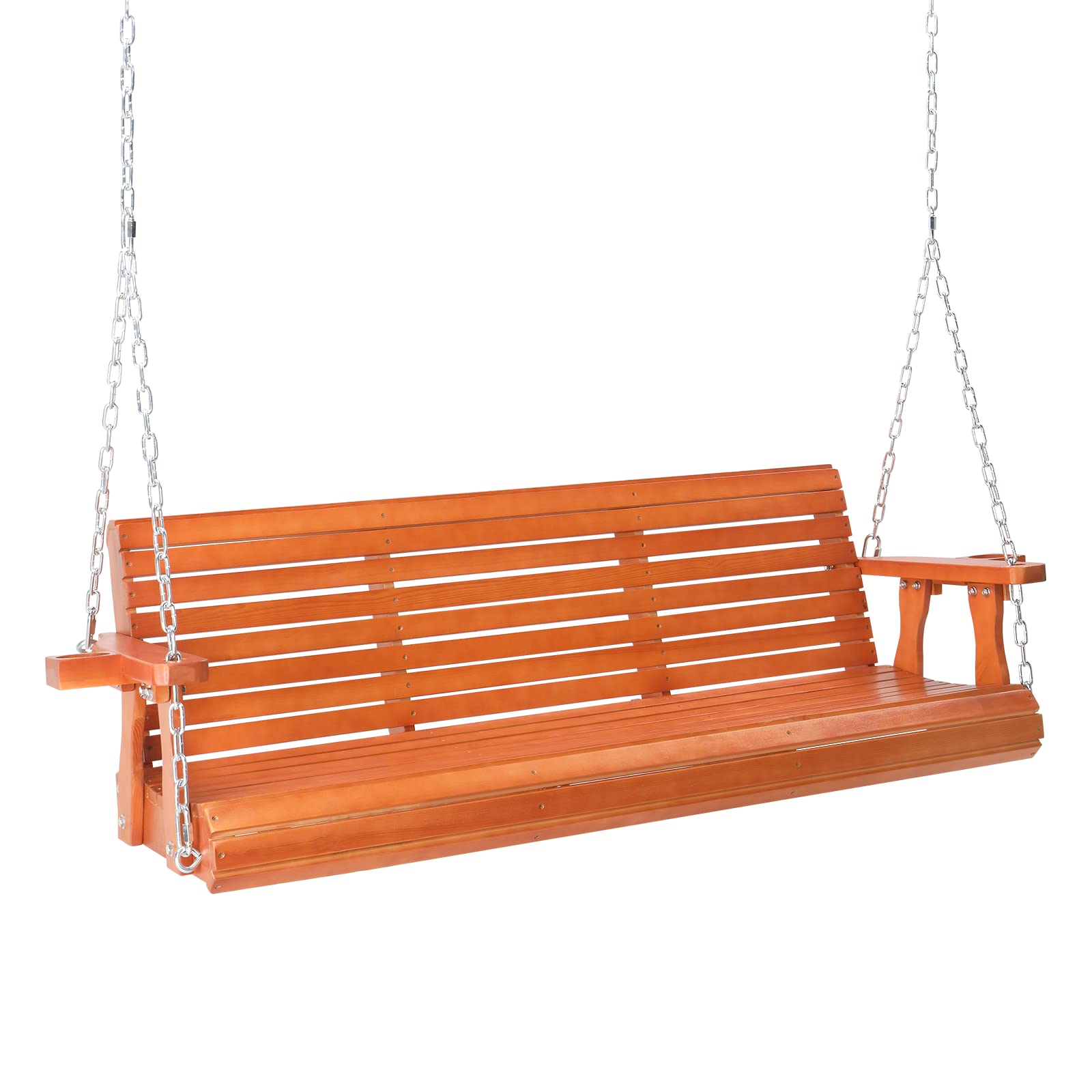 VINGLI Heavy Duty 880 LBS Patio Swing - Outdoor Hanging Chair with Adjustable Chains & Cup Holder, Pine Wood Bench for Yard, Garden, Lawn, Balcony (5 FT, Brown) - Perfect for Relaxing, Lounging & Outdoor Entertaining