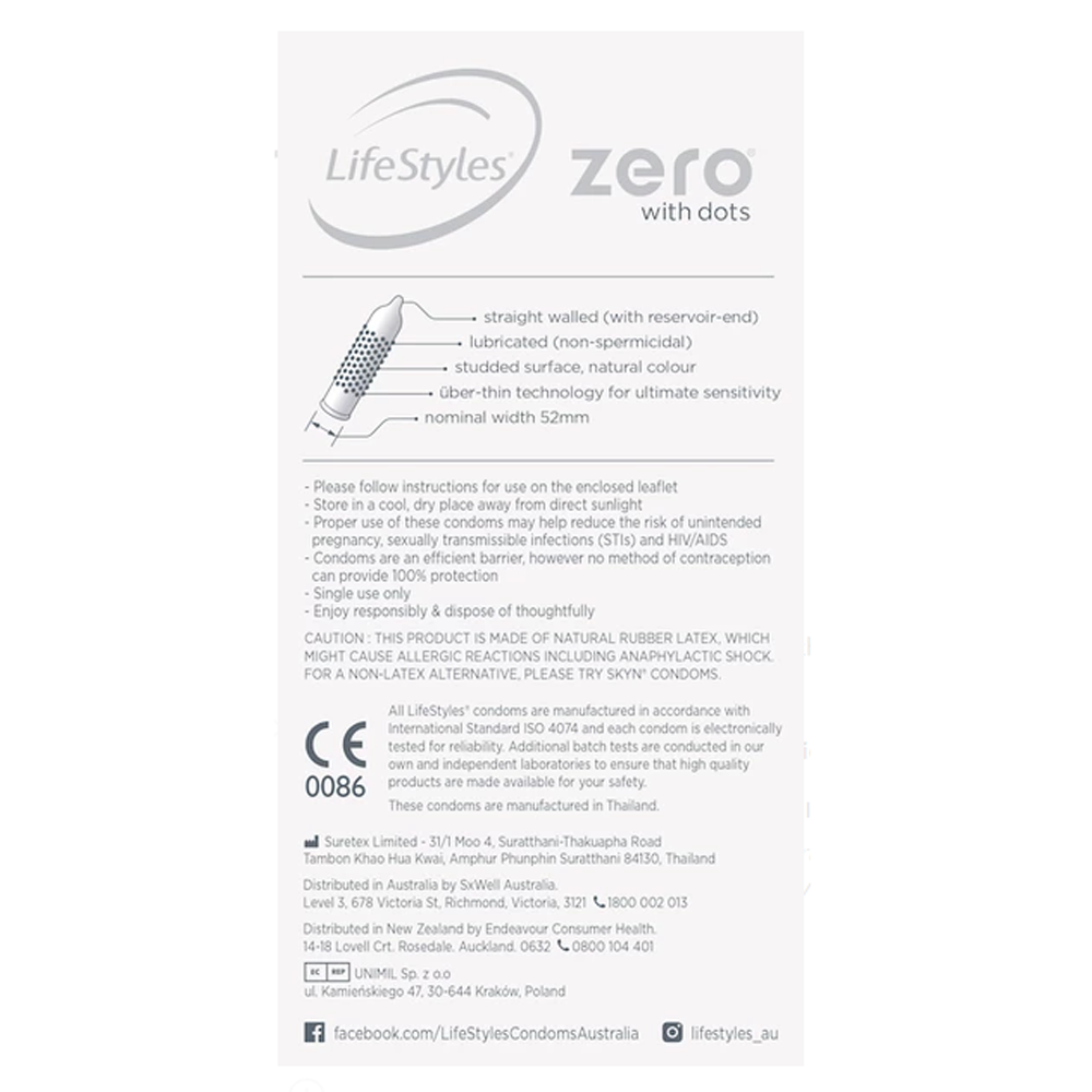 Ansell LifeStyles Zero With Dots Condoms - Ultra Thin Sensitive Protection for Enhanced Pleasure - Perfect for Couples & Intimate Moments