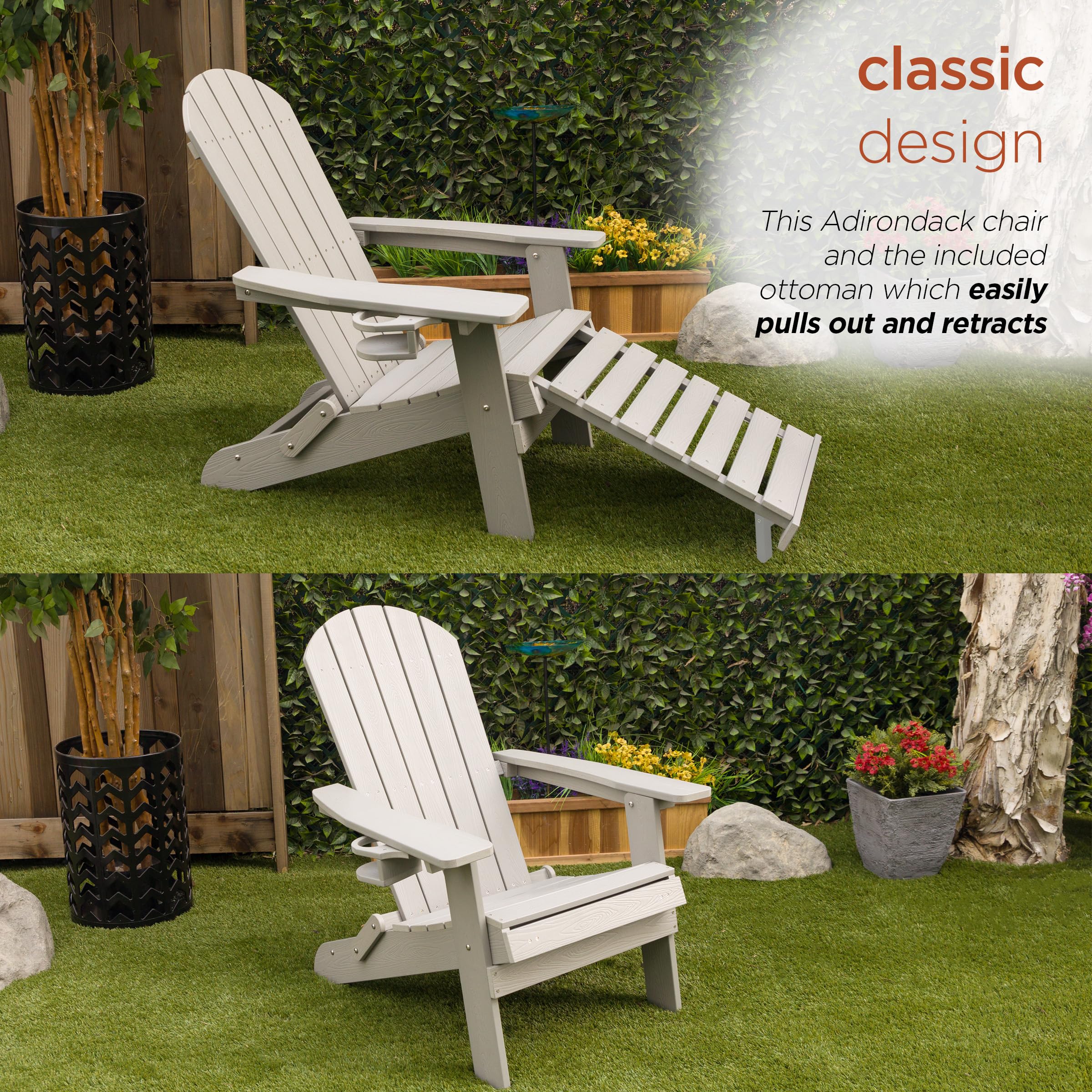 Alpine Corporation MFW104LGR Folding Adirondack Chair with Cup Holder & Ottoman - Outdoor Patio Furniture for Garden, Deck, Poolside & Backyard Relaxation - 38 Inch Height, Gray