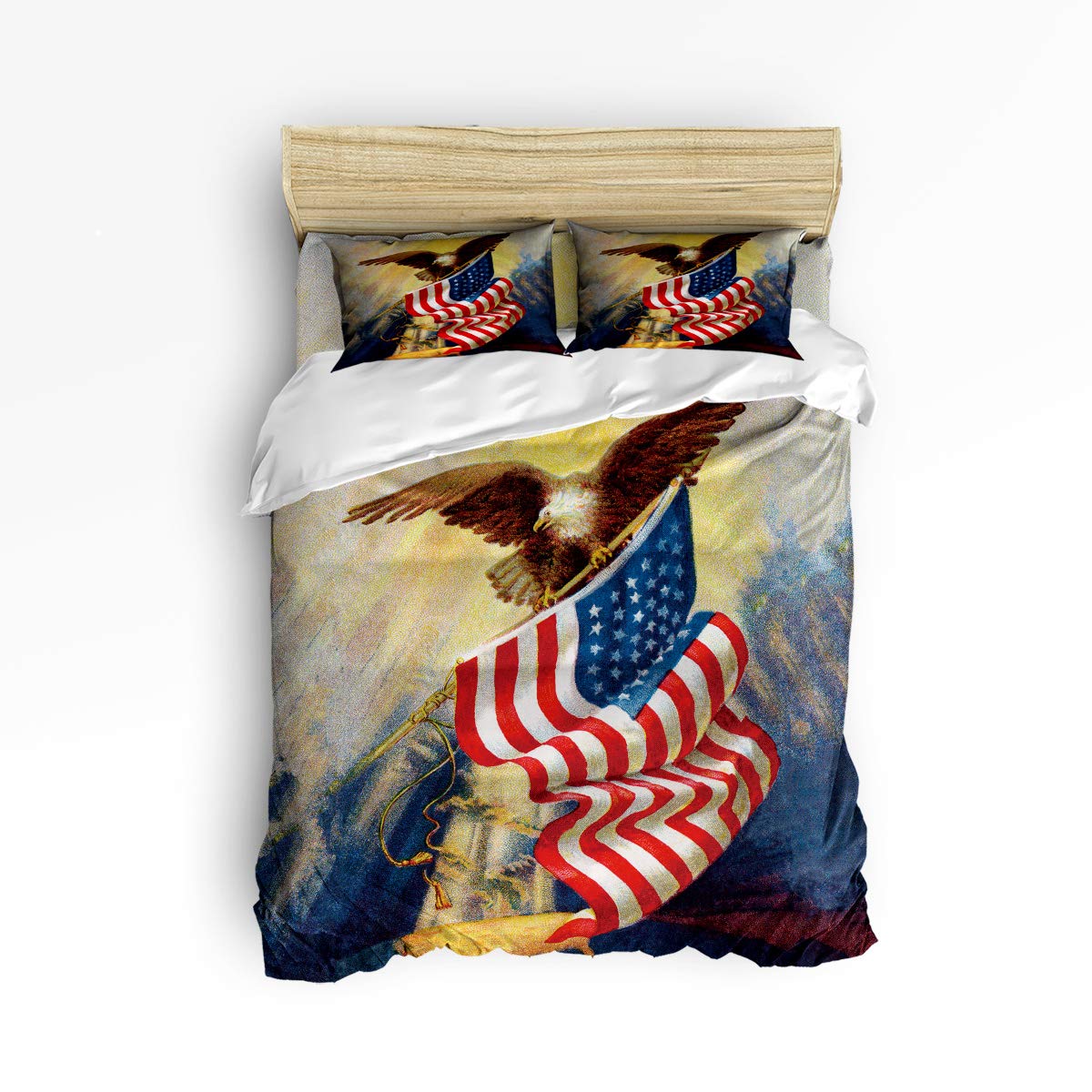 Pink Sky Twin Size Kids Duvet Cover Set - Cute Owl & American Revolution Flag Pattern Bedding for Boys & Girls - 4 Piece Set with Flat Sheet, Duvet Cover & 2 Pillowcases - Perfect for Kids' Bedrooms, Sleepovers & Themed Decor