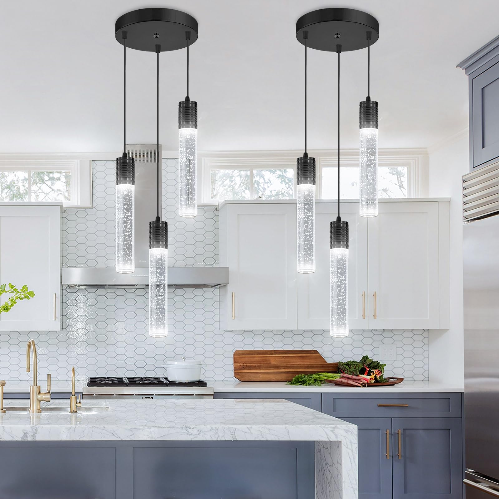 3-Lights Pendant Lighting Fixture - Modern Crystal Chandelier for Kitchen Island, Dining Room & Bedroom - 6000K White LED Black Hanging Lights - Perfect for Home Decor, Restaurant & Office Spaces