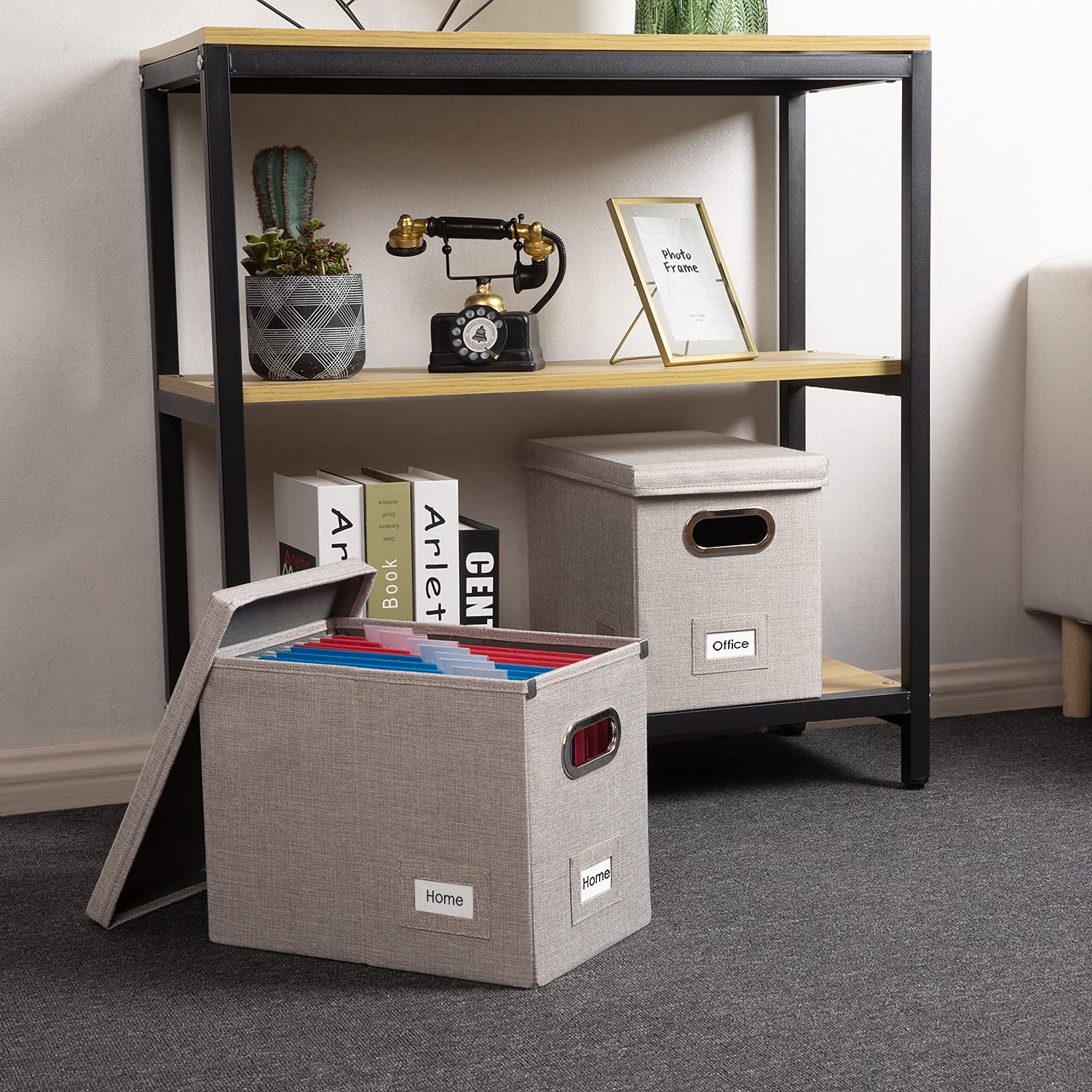 PRANDOM Collapsible File Organizer Box Set - 1 Decorative Linen Storage Box with Lid for Hanging Folders, Office Cabinet Letter Size (14x9.3x10.8 Inch) Light Grey - Perfect for Home Office, School Supplies & Document Organization
