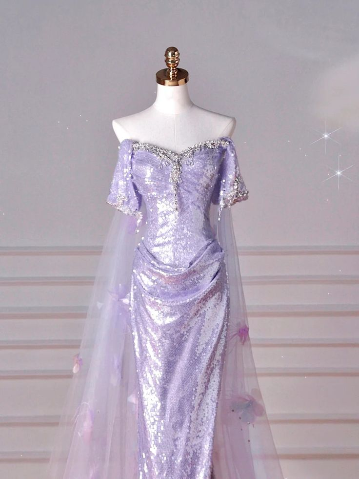 Sparkling Lilac Sequin Mermaid Evening Gown with High Slit & Off-Shoulder Beaded Neckline - Elegant Prom Dress J6727 | Perfect for Homecoming, Pageants & Formal Events