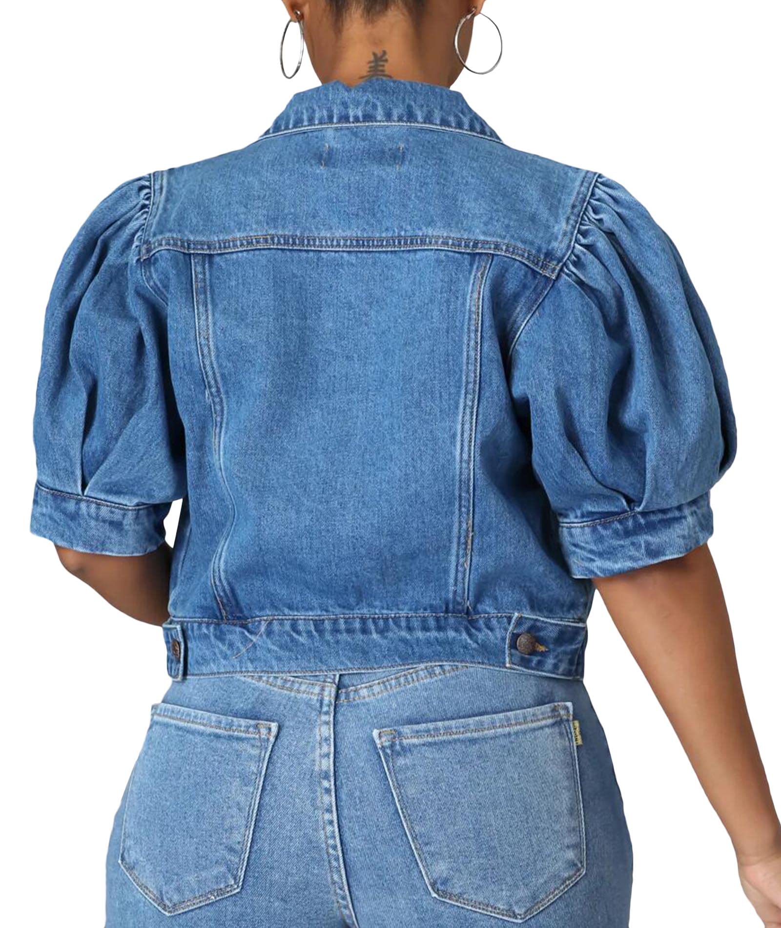 SOMTHRON Women's Cropped Denim Jacket - Short Sleeve Puff Sleeve Button Down Jean Coat - Stylish Crop Top Outerwear for Spring & Summer Fashion - Perfect for Casual Outings, Music Festivals and Streetwear Looks