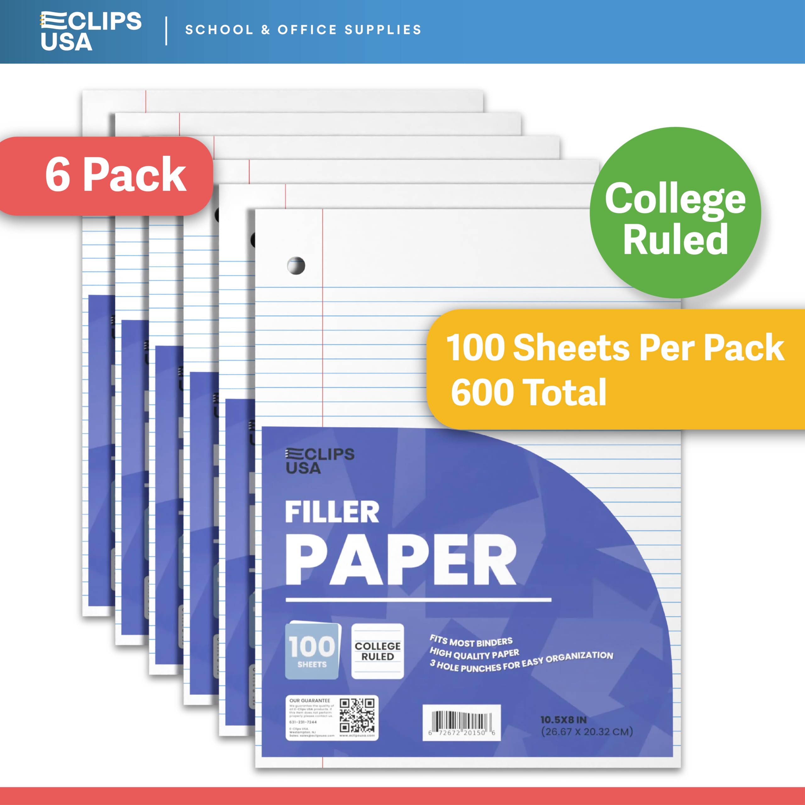 College Ruled Notebook Paper 6-Pack - 10.5