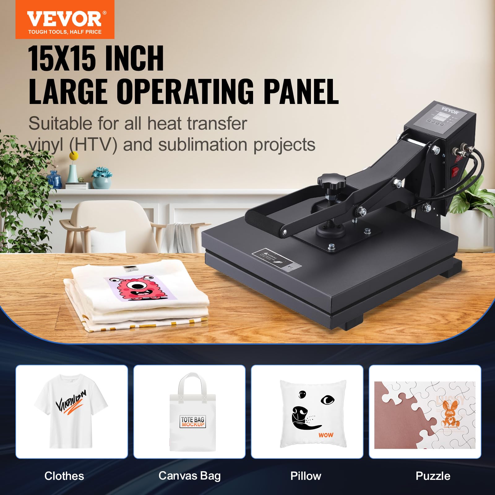 VEVOR 15x15 Inch Digital Heat Press Machine for T-Shirts & Sublimation - Fast Heating, High Pressure Industrial Heat Transfer Vinyl Printer - Perfect for DIY Crafts, Custom Apparel & Small Business Use - Easy to Use Black Heat Press