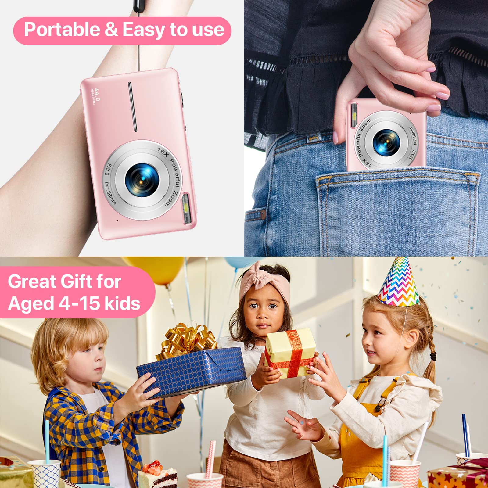 **Best Digital Camera for Kids & Teens - 44MP FHD 1080P Vlogging Camera with 32GB Card, 16X Zoom, LCD Screen, Compact & Rechargeable - Perfect Gift for Students, Girls, Boys (Black, DC403Black) - Great for Travel, Parties & Everyday Photography**